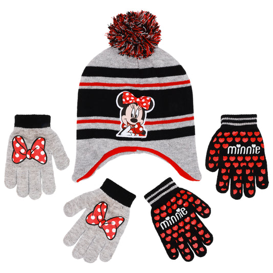 Disney Minnie Mouse Girls Winter Hat with 2 Pairs of Gloves