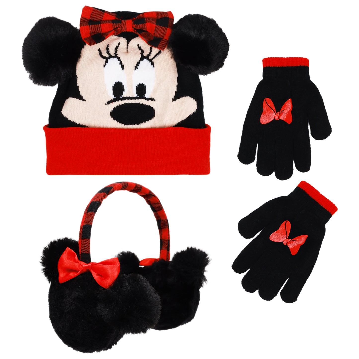 Disney Minnie Mouse Girls Winter Hat, Earmuffs & Gloves Set – Ages 4–7