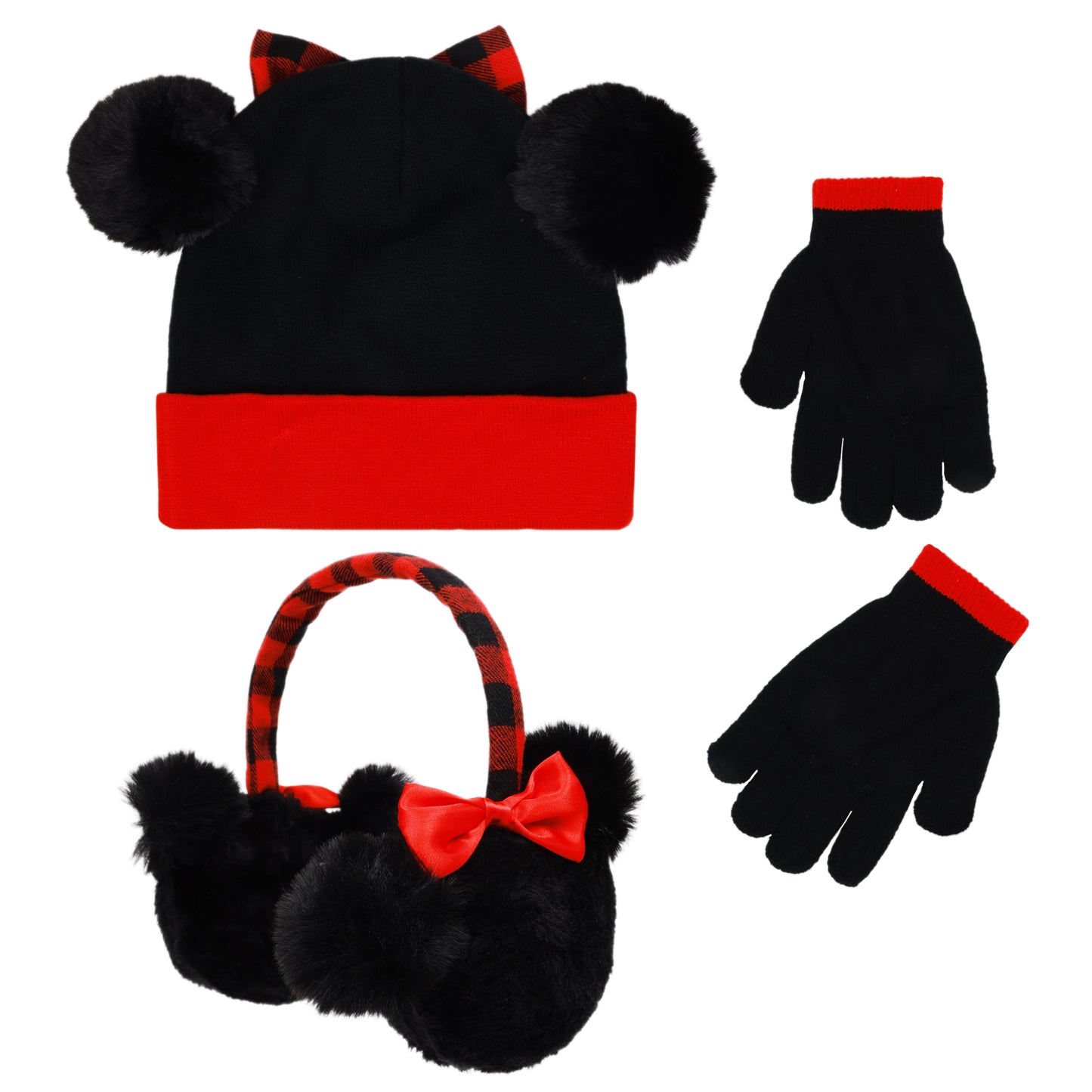 Disney Minnie Mouse Girls Winter Hat, Earmuffs & Gloves Set – Ages 4–7