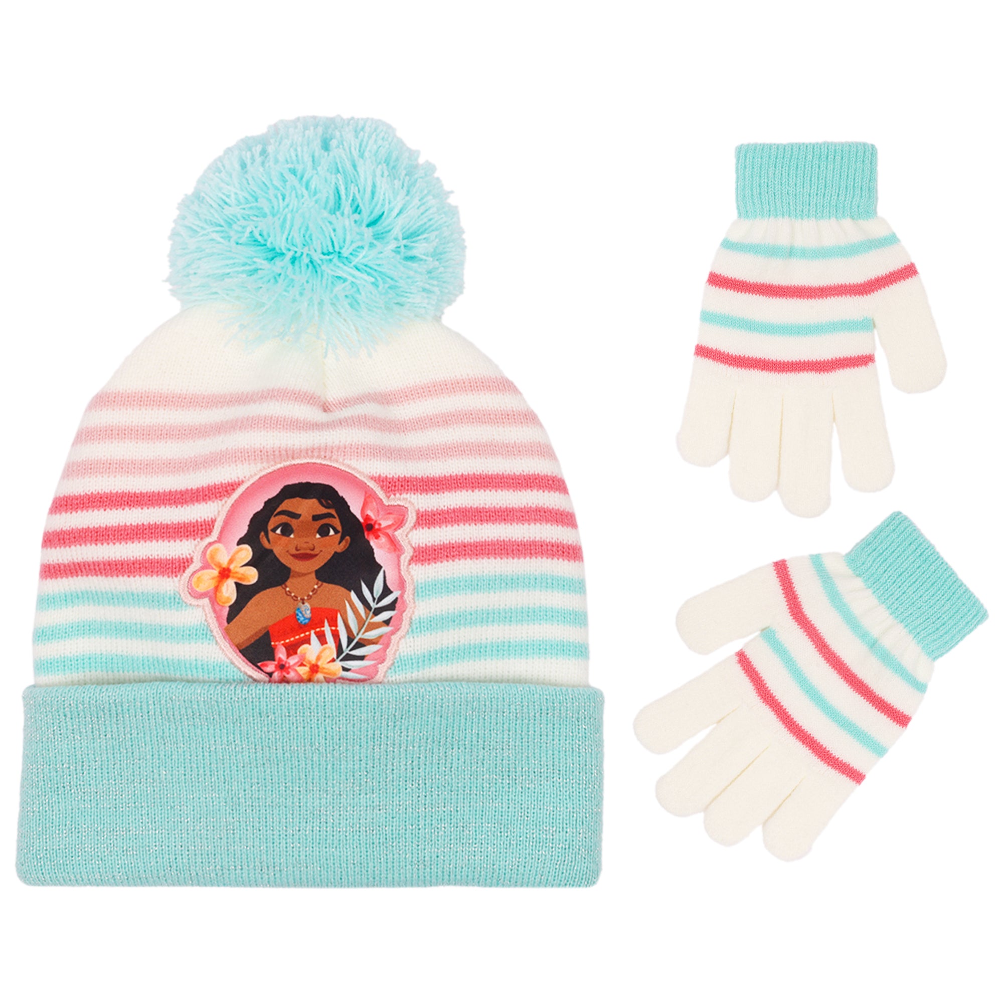 Disney Moana Girls Beanie & Mittens Set – Pom Pom Winter Hat with Striped Gloves – Cold Weather Set for Girls Ages 4–7
