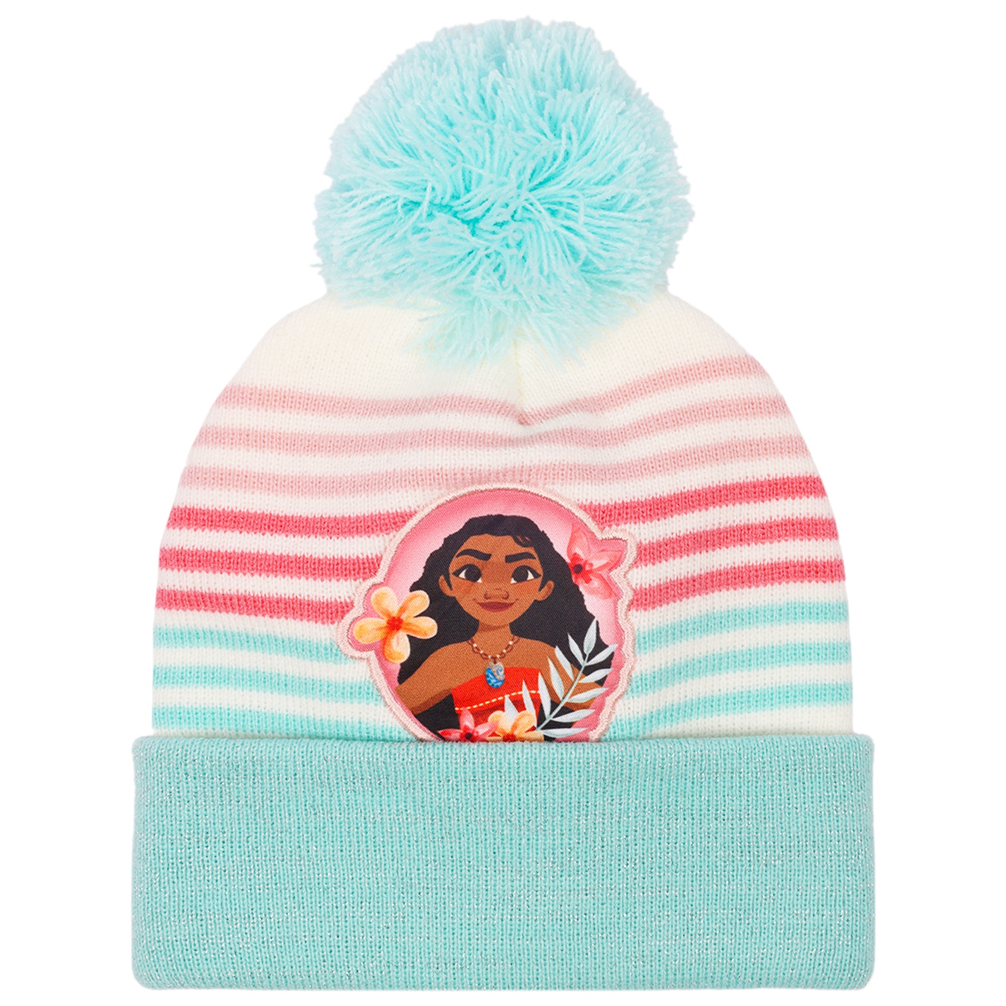 Disney Moana Girls Beanie & Mittens Set – Pom Pom Winter Hat with Striped Gloves – Cold Weather Set for Girls Ages 4–7