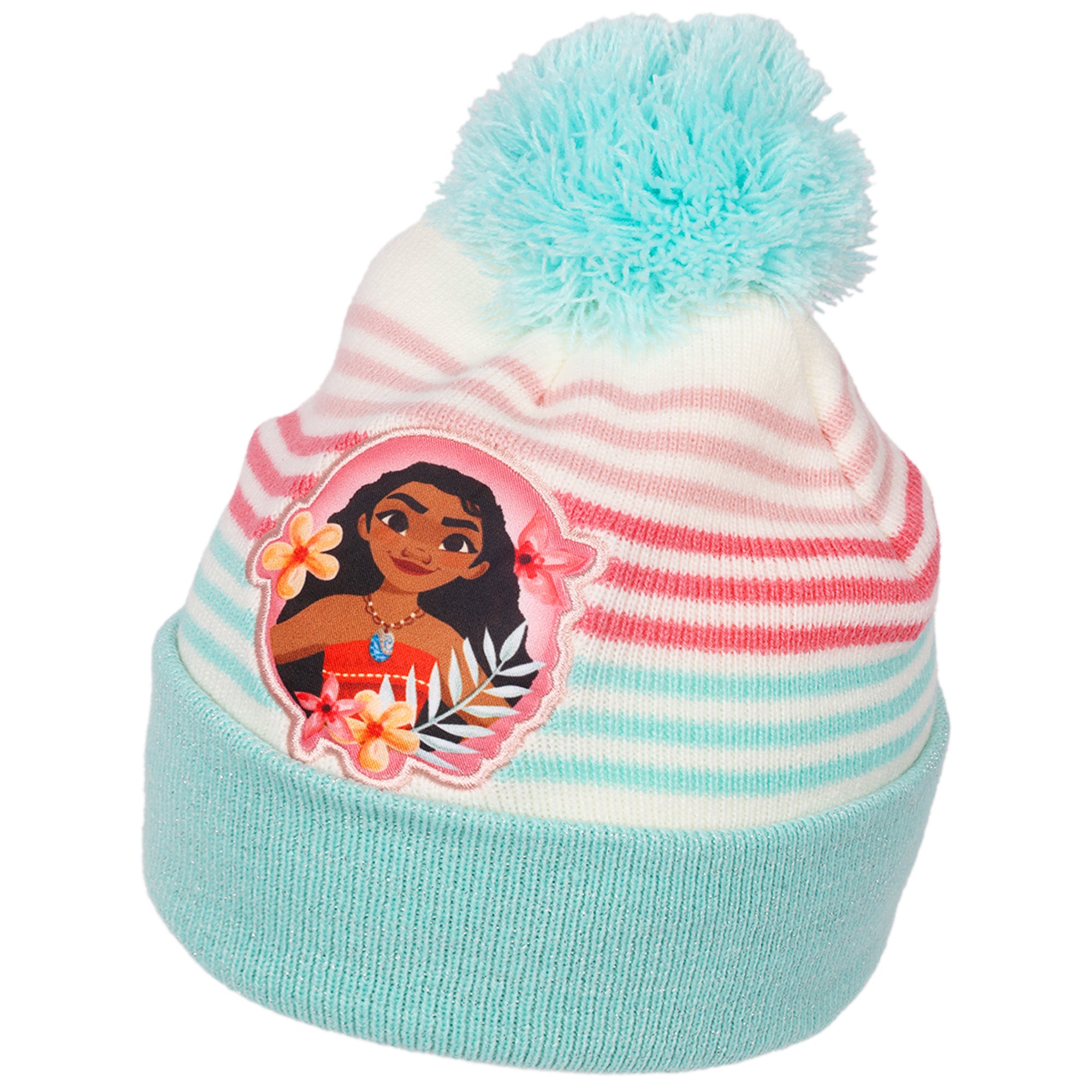 Disney Moana Girls Beanie & Mittens Set – Pom Pom Winter Hat with Striped Gloves – Cold Weather Set for Girls Ages 4–7