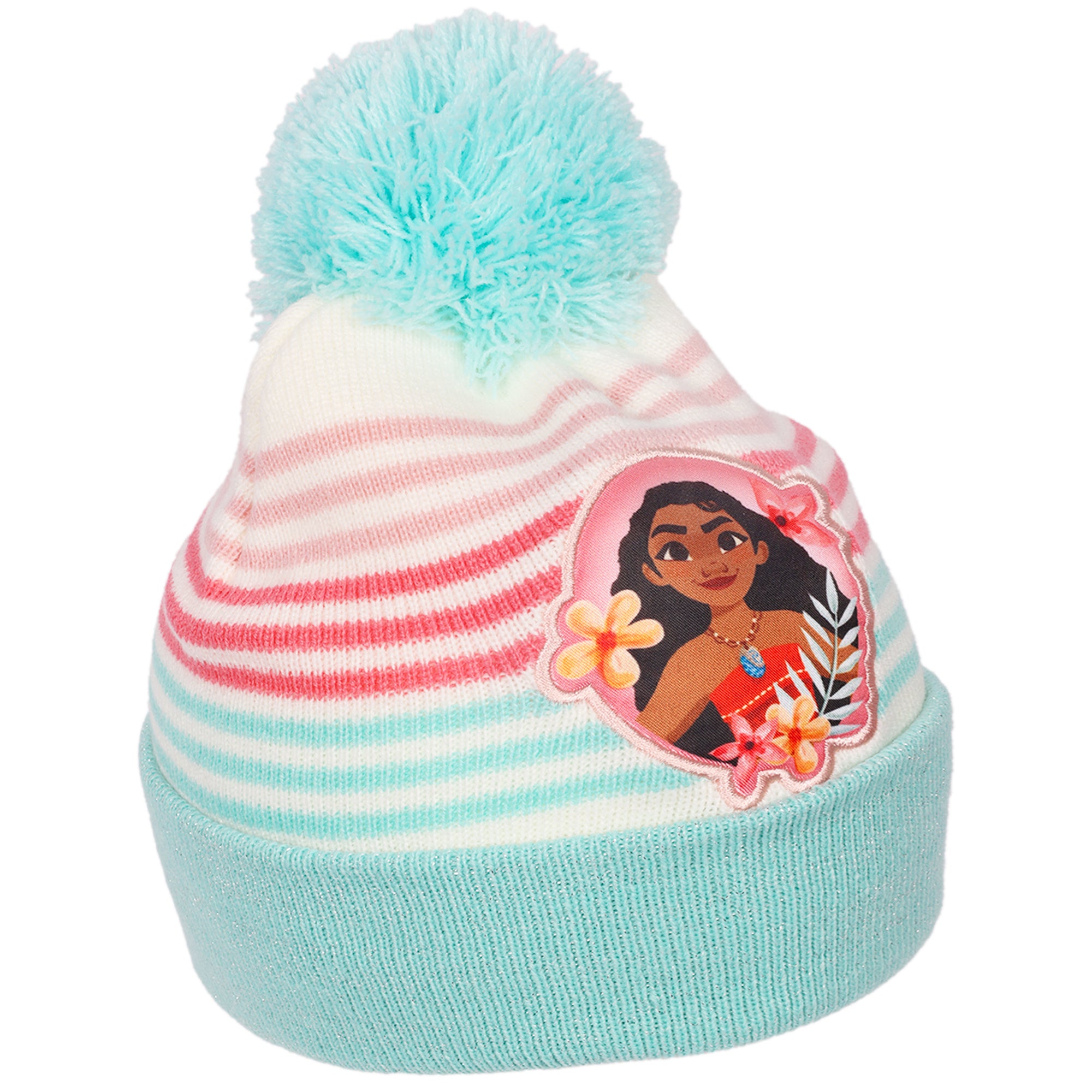 Disney Moana Girls Beanie & Mittens Set – Pom Pom Winter Hat with Striped Gloves – Cold Weather Set for Girls Ages 4–7