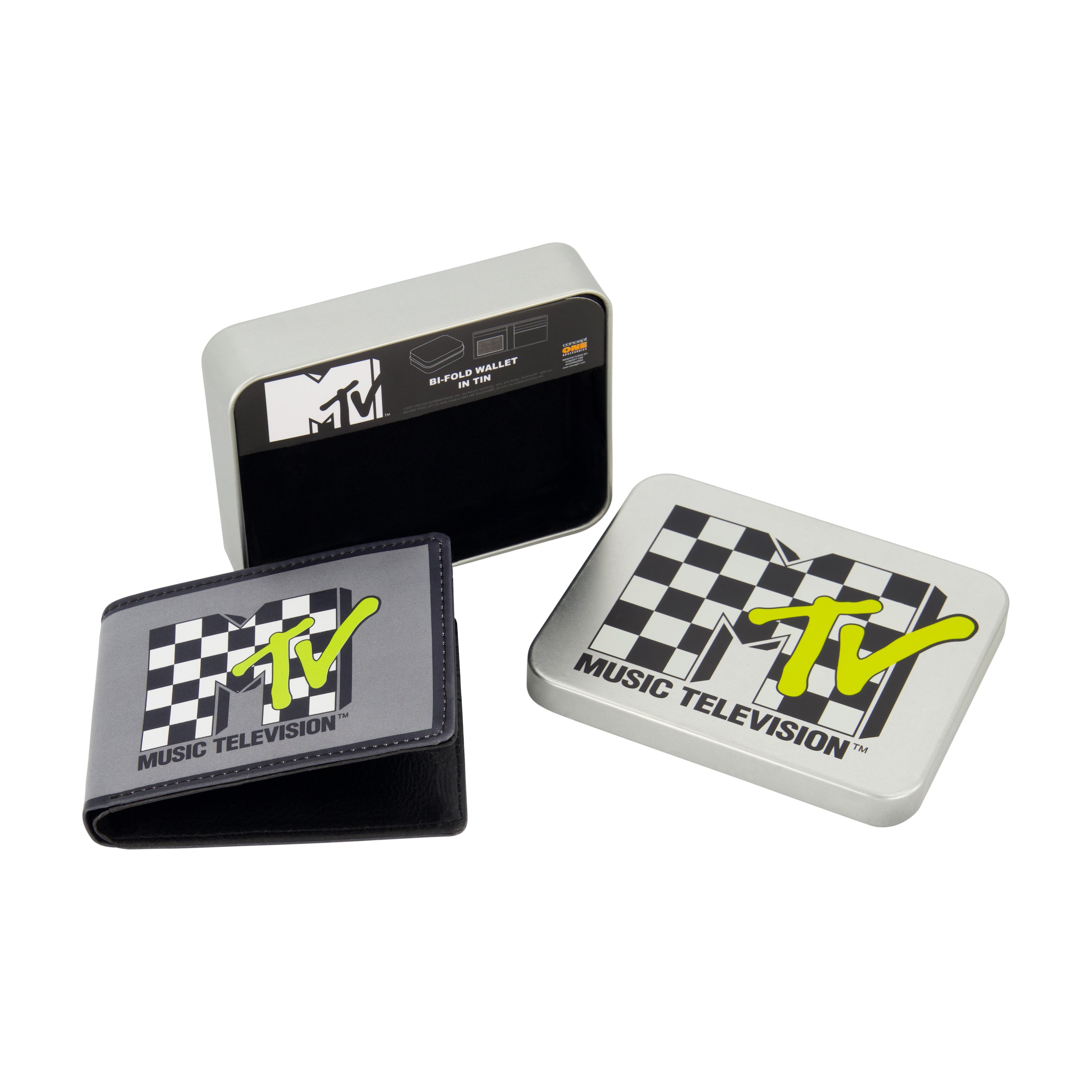 MTV LOGO WITH CHECKERBOARD PATTERN Bifold Wallet, Slim Wallet with Decorative Tin Unisex