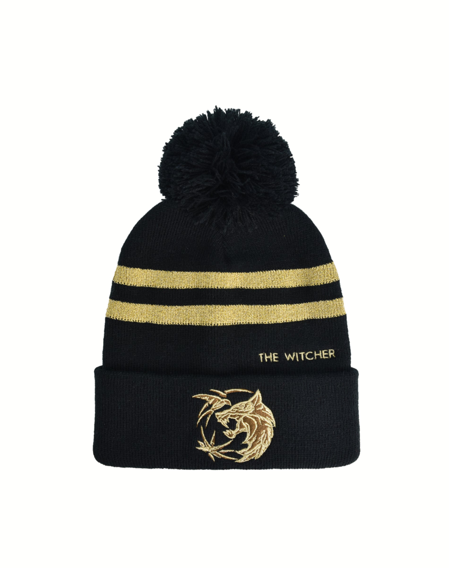 The Witcher Striped Pom Beanie Hat – Embroidered Logo Cuffed Winter Cap
