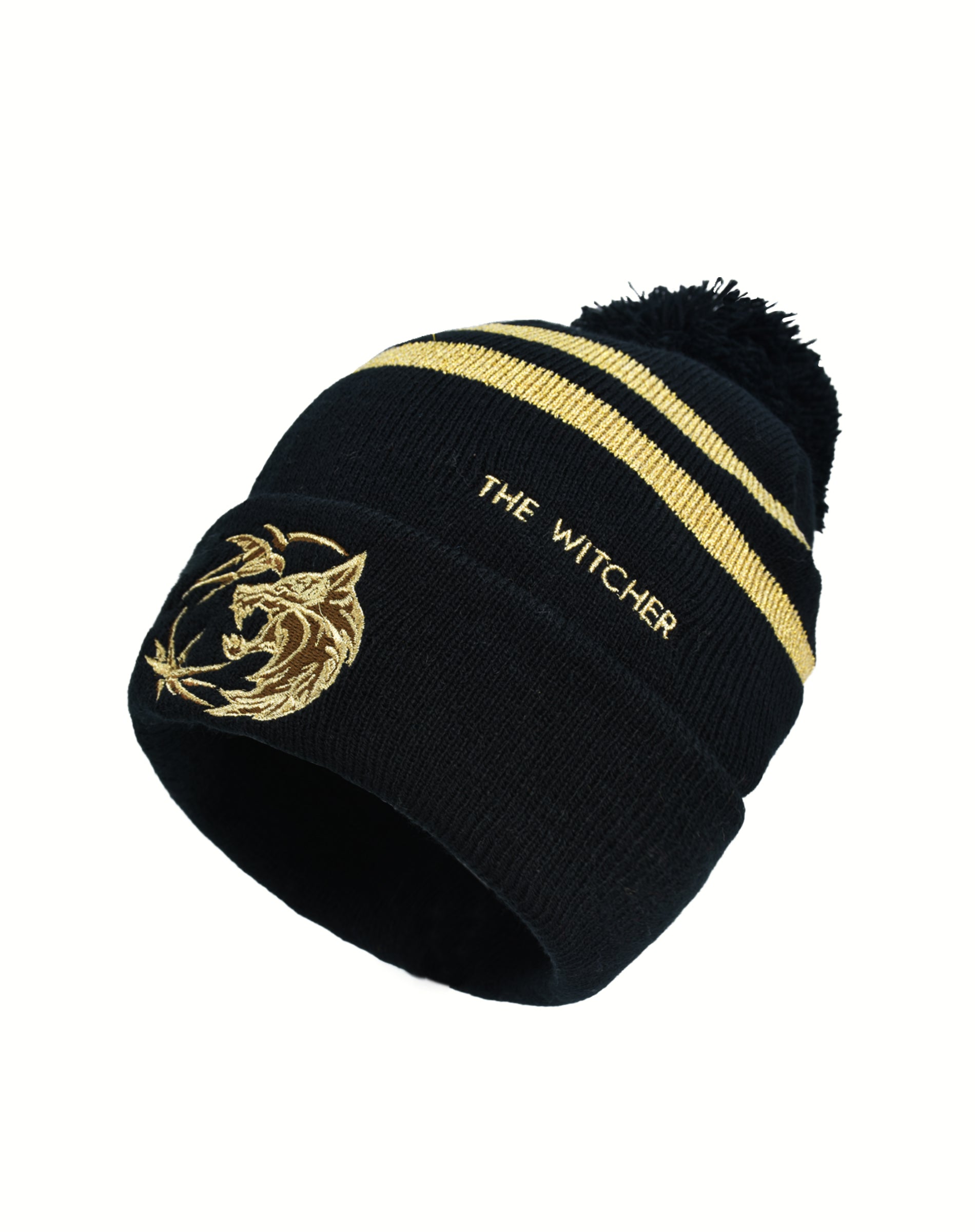 The Witcher Striped Pom Beanie Hat – Embroidered Logo Cuffed Winter Cap