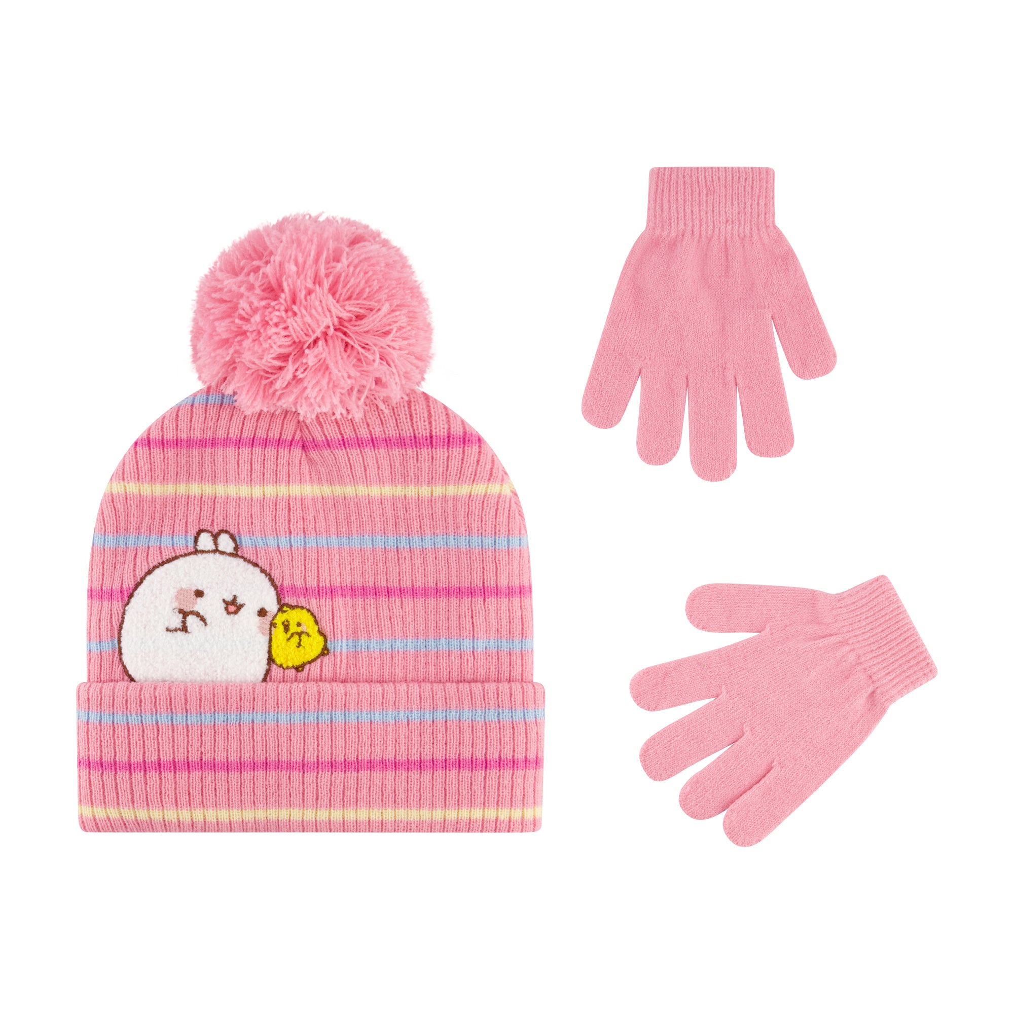 Molang & Piu Piu Chenille Patch Beanie and Glove Set – Pink Striped with Pom