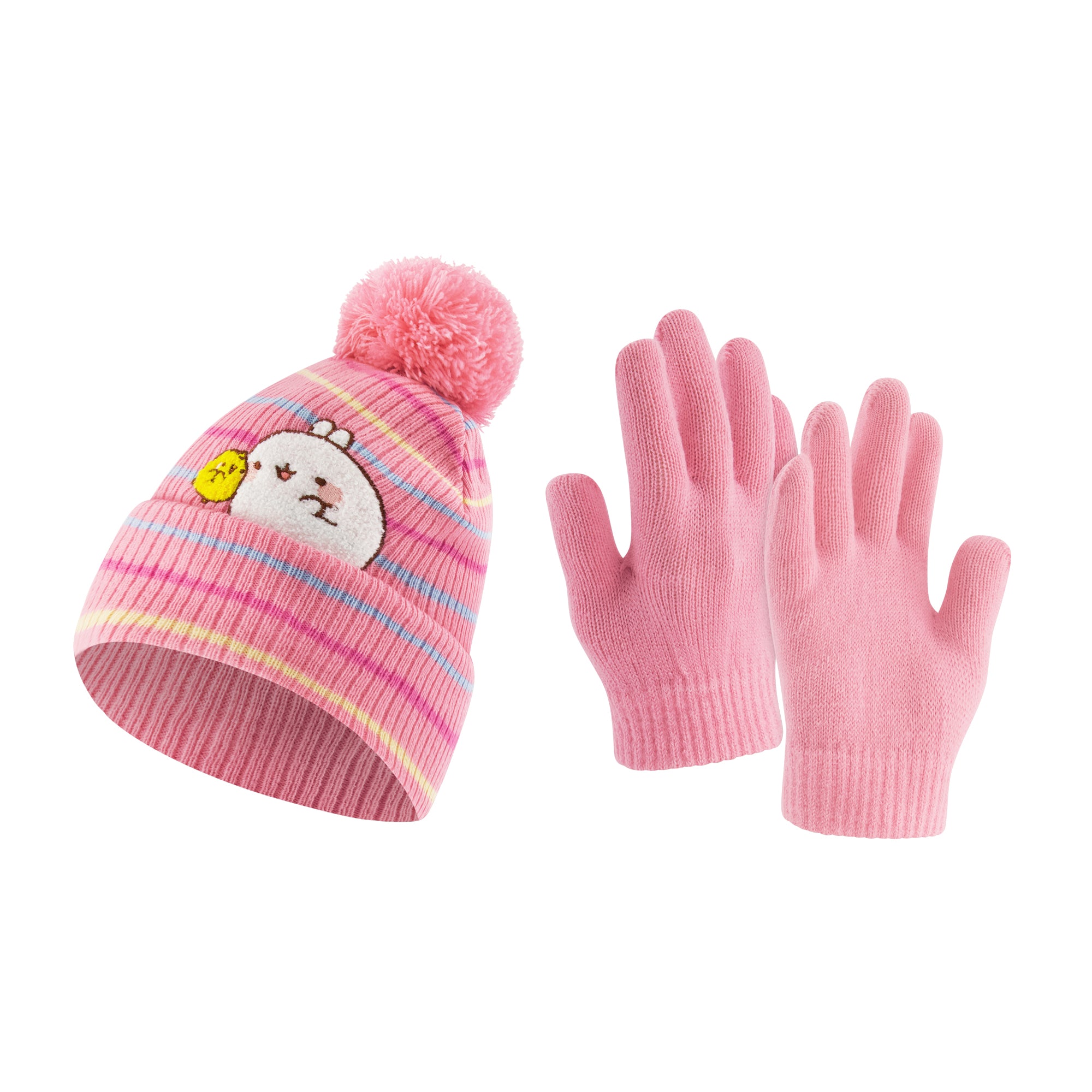 Molang & Piu Piu Chenille Patch Beanie and Glove Set – Pink Striped with Pom