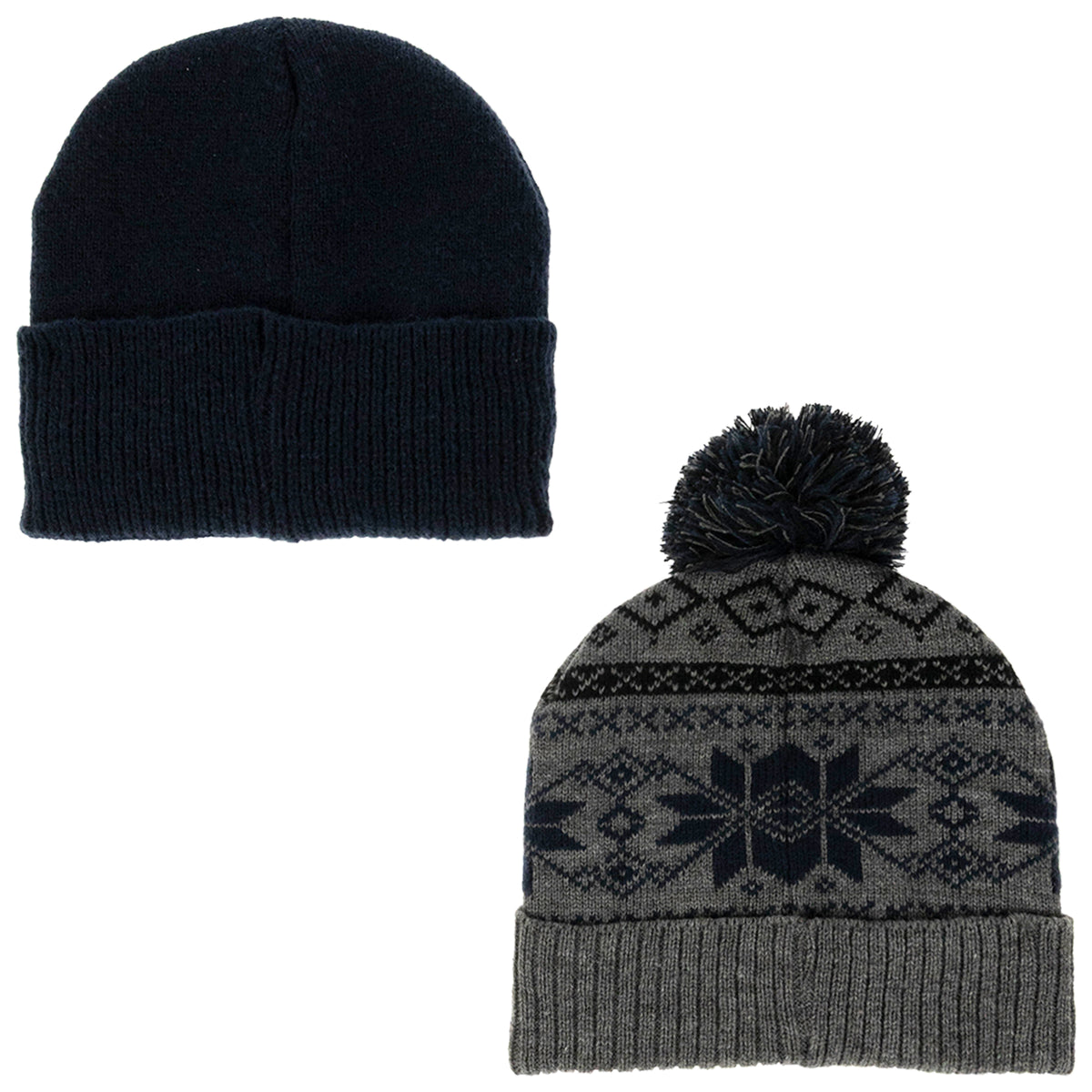 Weatherproof Vintage Fair Isle & Solid Beanie 2-Piece Set – Navy/Gray