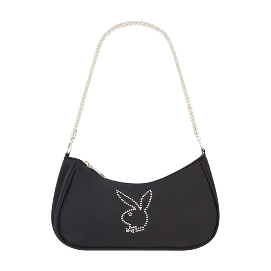 Nylon Handbag With Rhinestone Handle And Rhinestone Bunny, Black