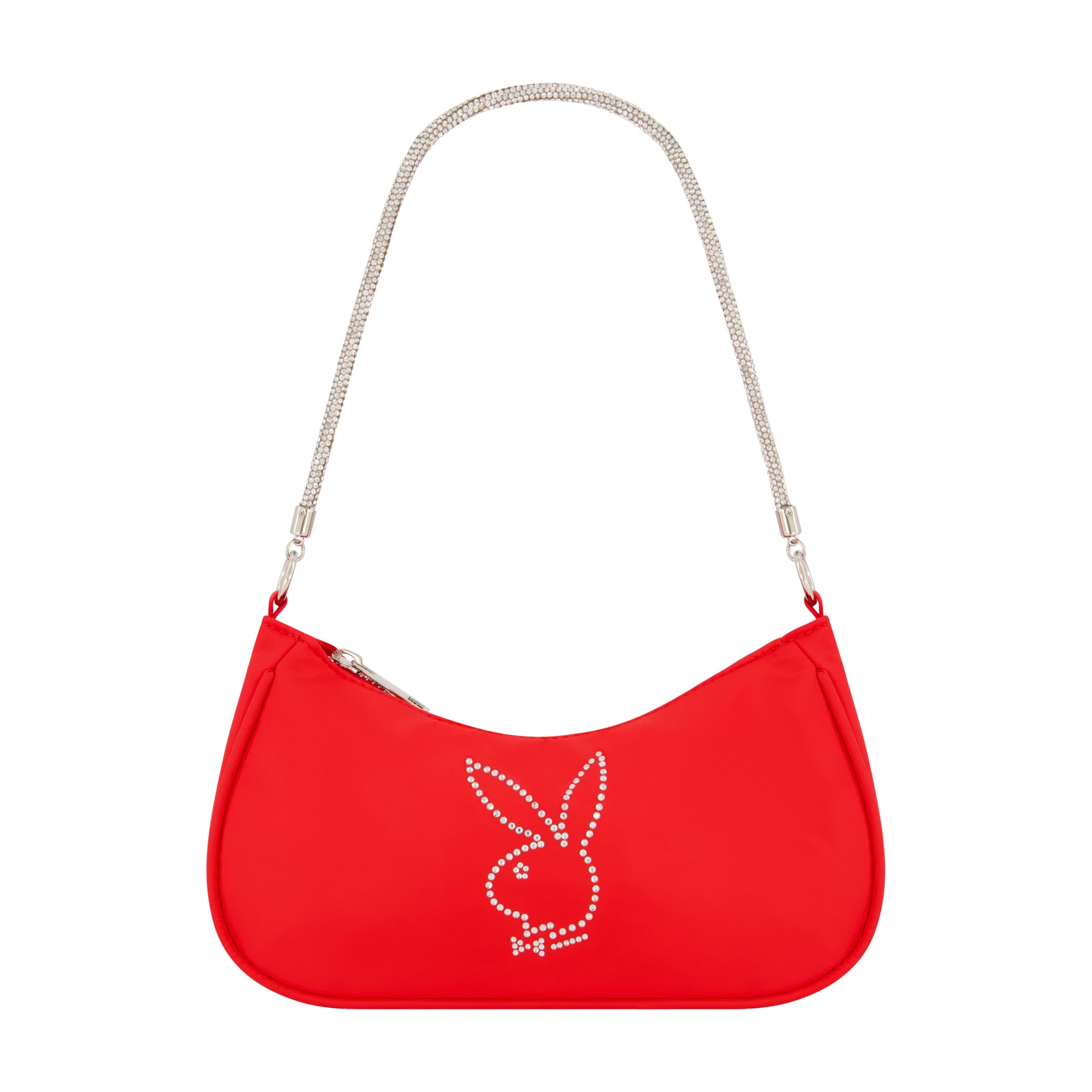 Nylon Handbag With Rhinestone Handle And Rhinestone Bunny, Red