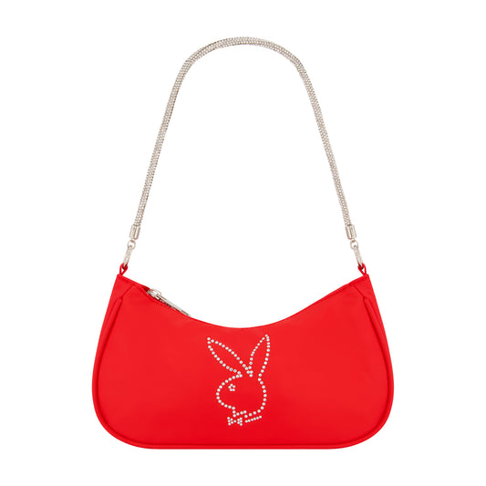 Nylon Handbag With Rhinestone Handle And Rhinestone Bunny, Red