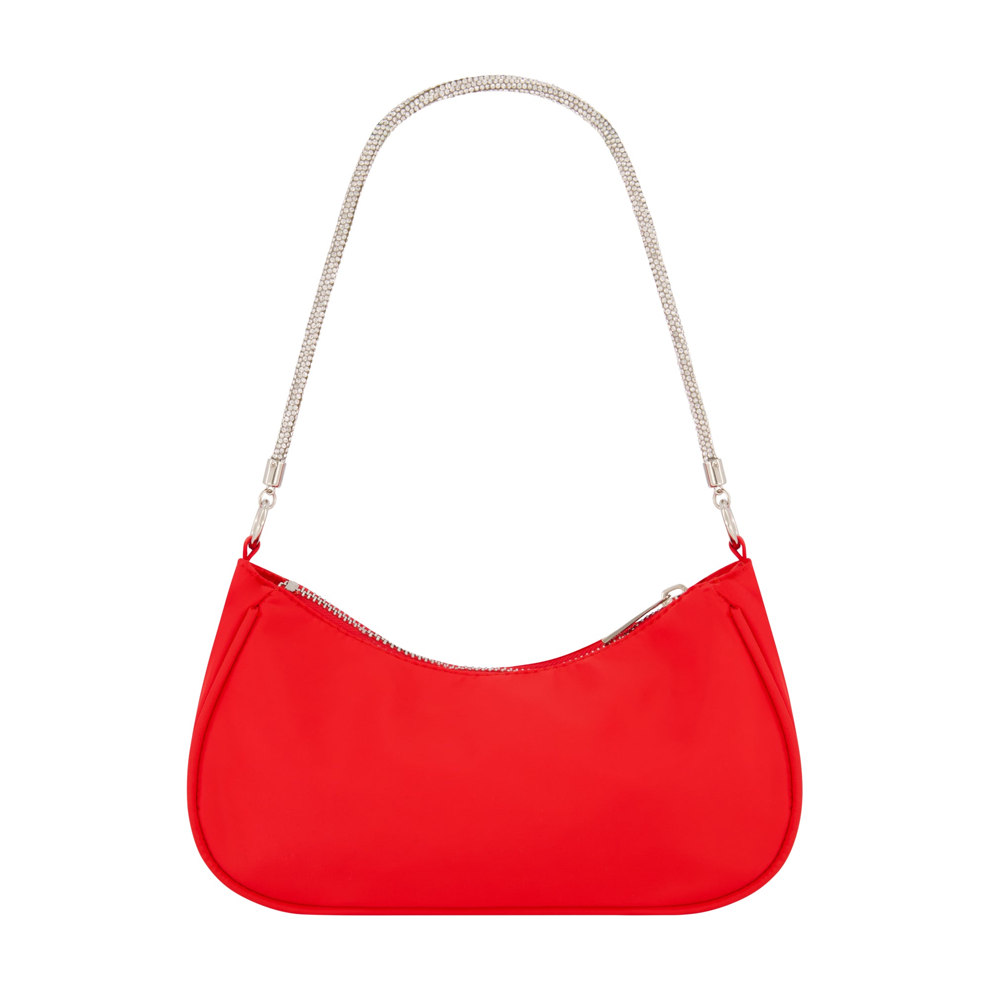 Nylon Handbag With Rhinestone Handle And Rhinestone Bunny, Red