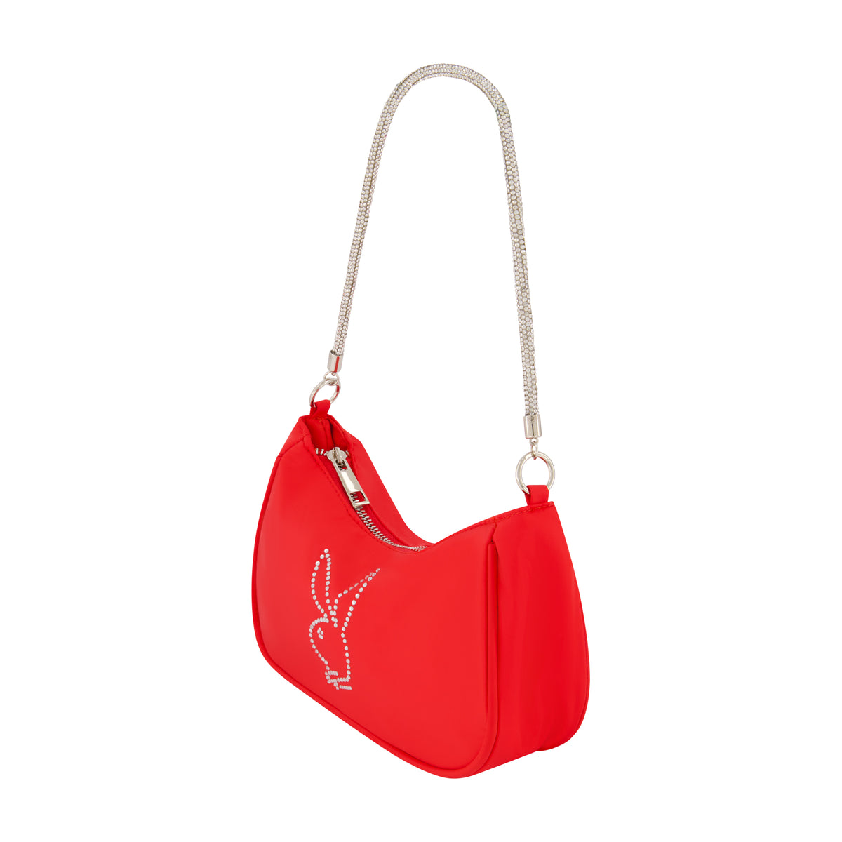 Nylon Handbag With Rhinestone Handle And Rhinestone Bunny, Red