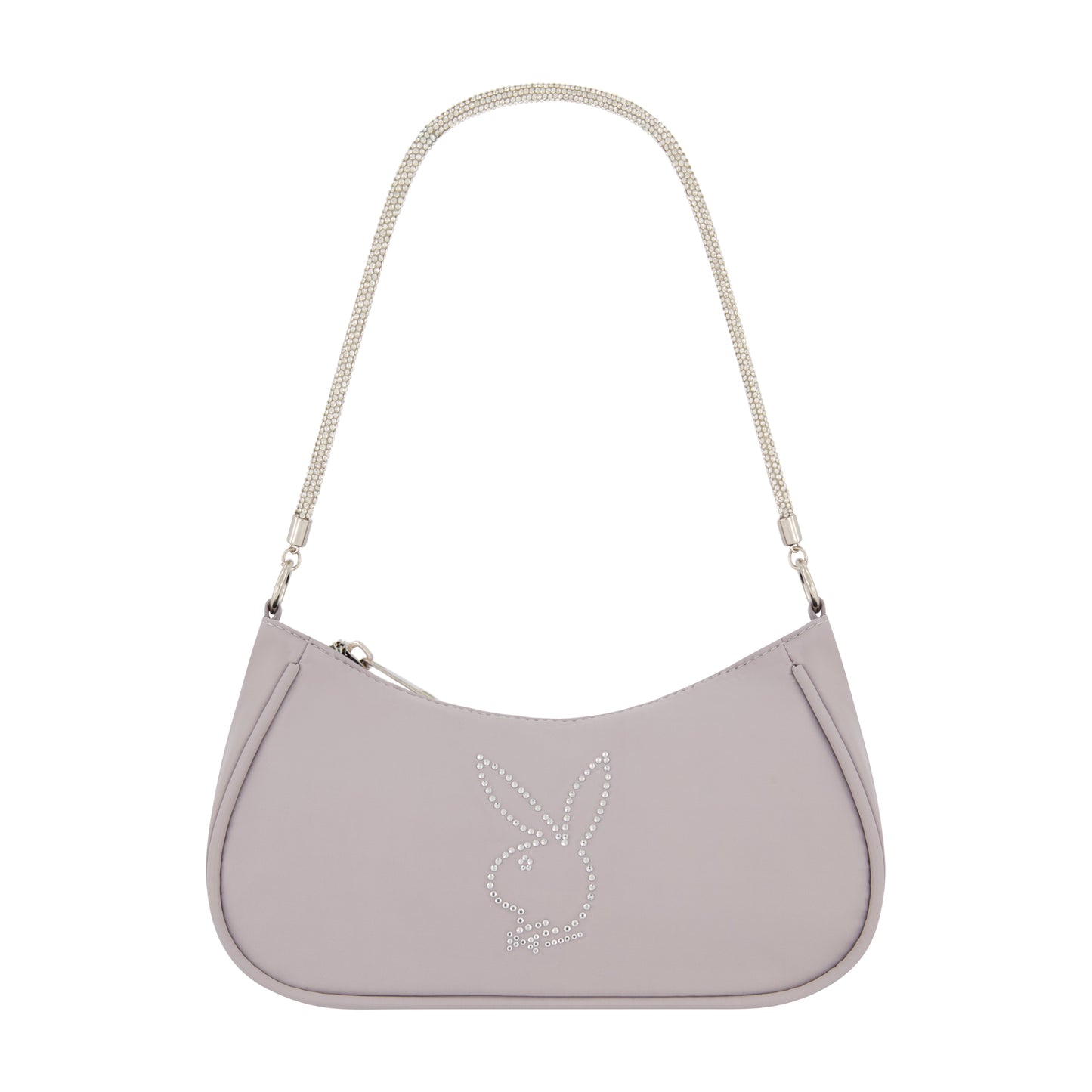 Nylon Handbag With Rhinestone Handle And Rhinestone Bunny, Silver