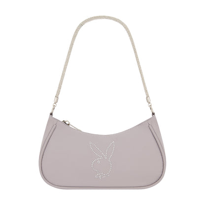 Nylon Handbag With Rhinestone Handle And Rhinestone Bunny, Silver