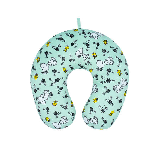 FUL Peanuts Snoopy and Woodstock Flowers Portable Travel Neck Pillow, Mint Green
