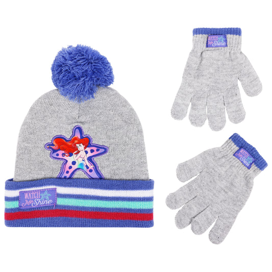 Disney The Little Mermaid Girls’ Winter Hat and Gloves Set – Ariel “Watch Me Shine” Knit Pom Beanie for Kids Ages 4–7