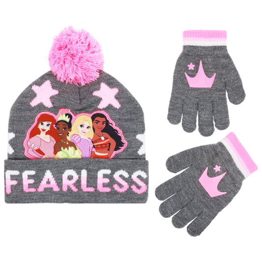Disney Princess Girls’ Winter Hat and Gloves Set – “Fearless” Pom Beanie for Kids Ages 4–7, Grey