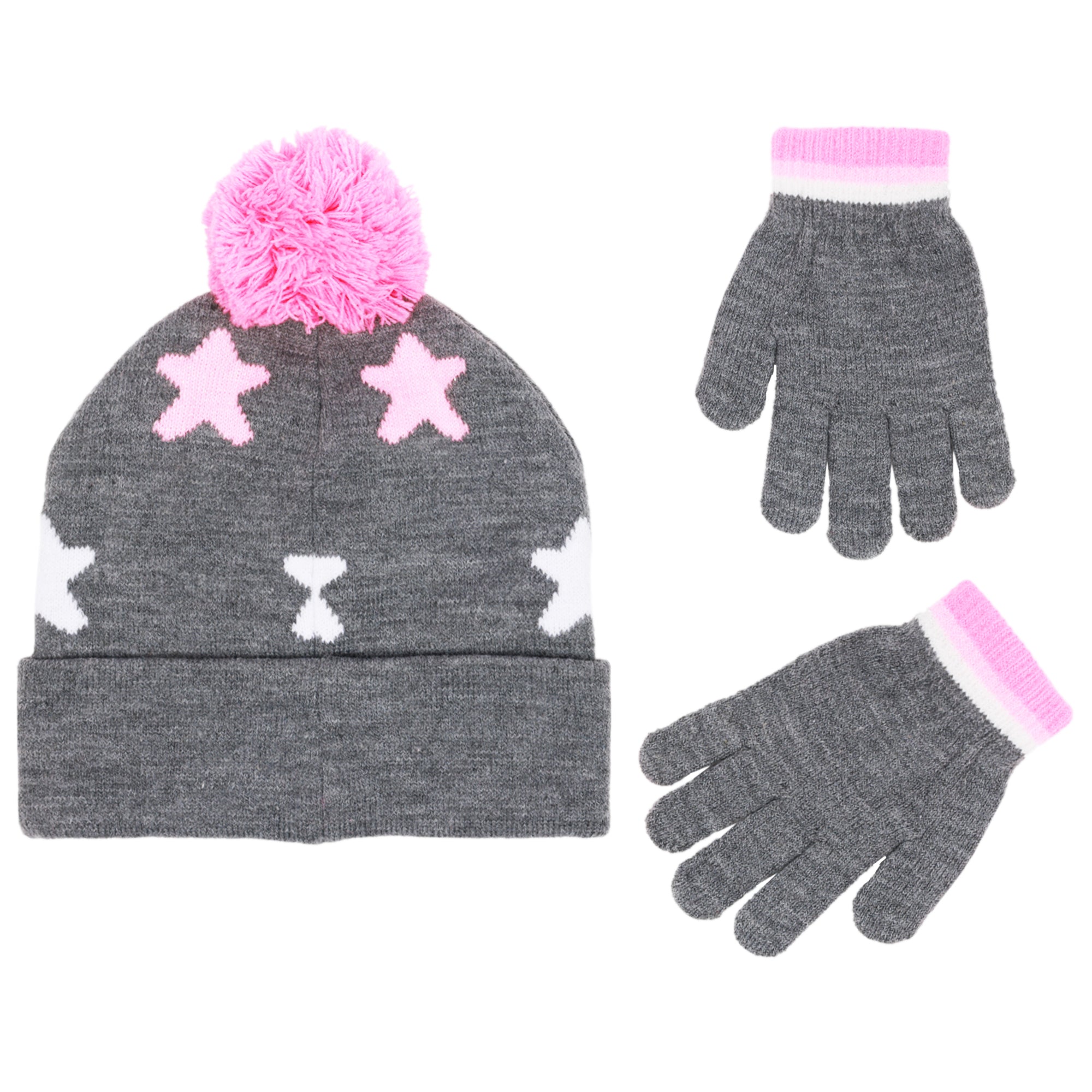 Disney Princess Girls’ Winter Hat and Gloves Set – “Fearless” Pom Beanie for Kids Ages 4–7, Grey