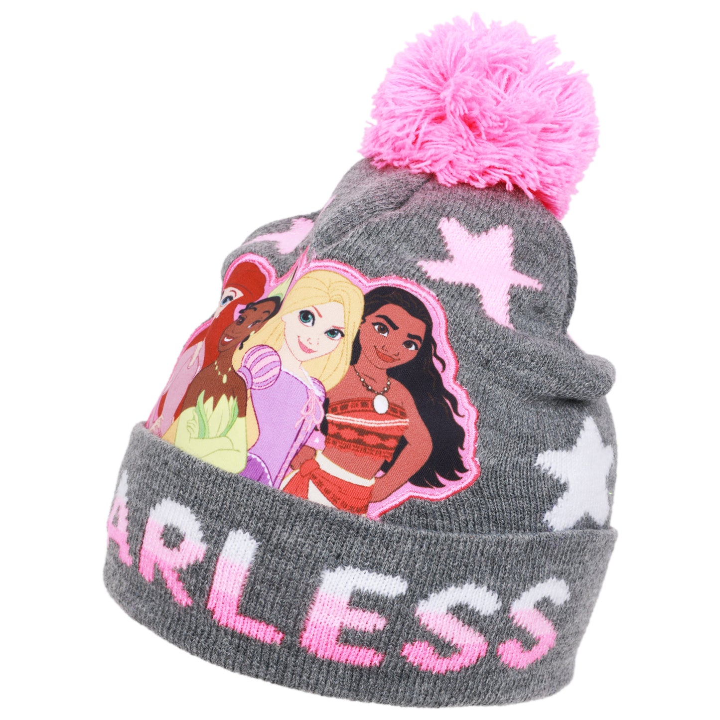Disney Princess Girls’ Winter Hat and Gloves Set – “Fearless” Pom Beanie for Kids Ages 4–7, Grey