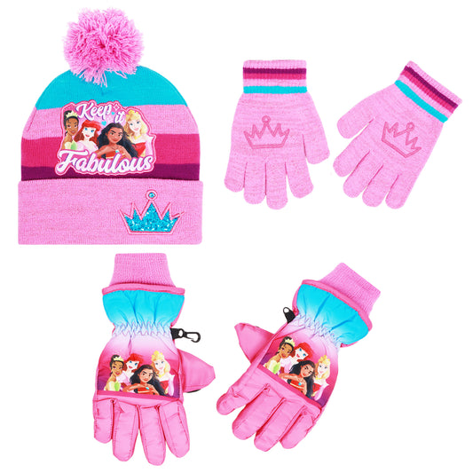 Disney Princess Beanie Hat and Gloves Set – “Keep It Fabulous” Knit Pom Cap with Knit Mittens & Insulated Ski Gloves for Girls Ages 4–7