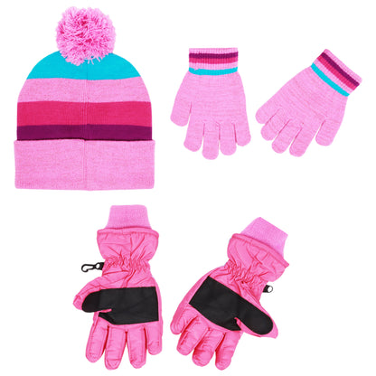 Disney Princess Beanie Hat and Gloves Set – “Keep It Fabulous” Knit Pom Cap with Knit Mittens & Insulated Ski Gloves for Girls Ages 4–7