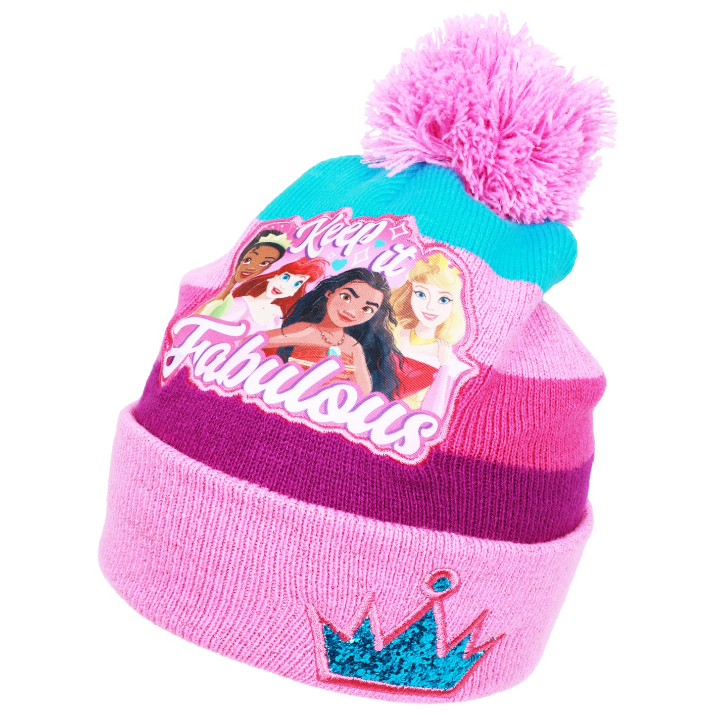 Disney Princess Beanie Hat and Gloves Set – “Keep It Fabulous” Knit Pom Cap with Knit Mittens & Insulated Ski Gloves for Girls Ages 4–7
