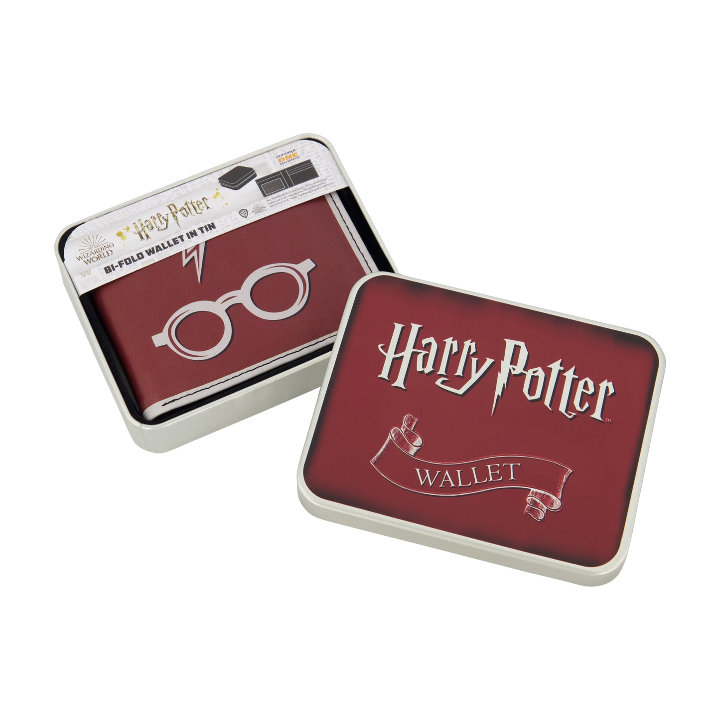 WB HARRY POTTER Lightning Bolt And Glasses in Burgundy Bifold Wallet, Slim Wallet with Decorative Tin Unisex