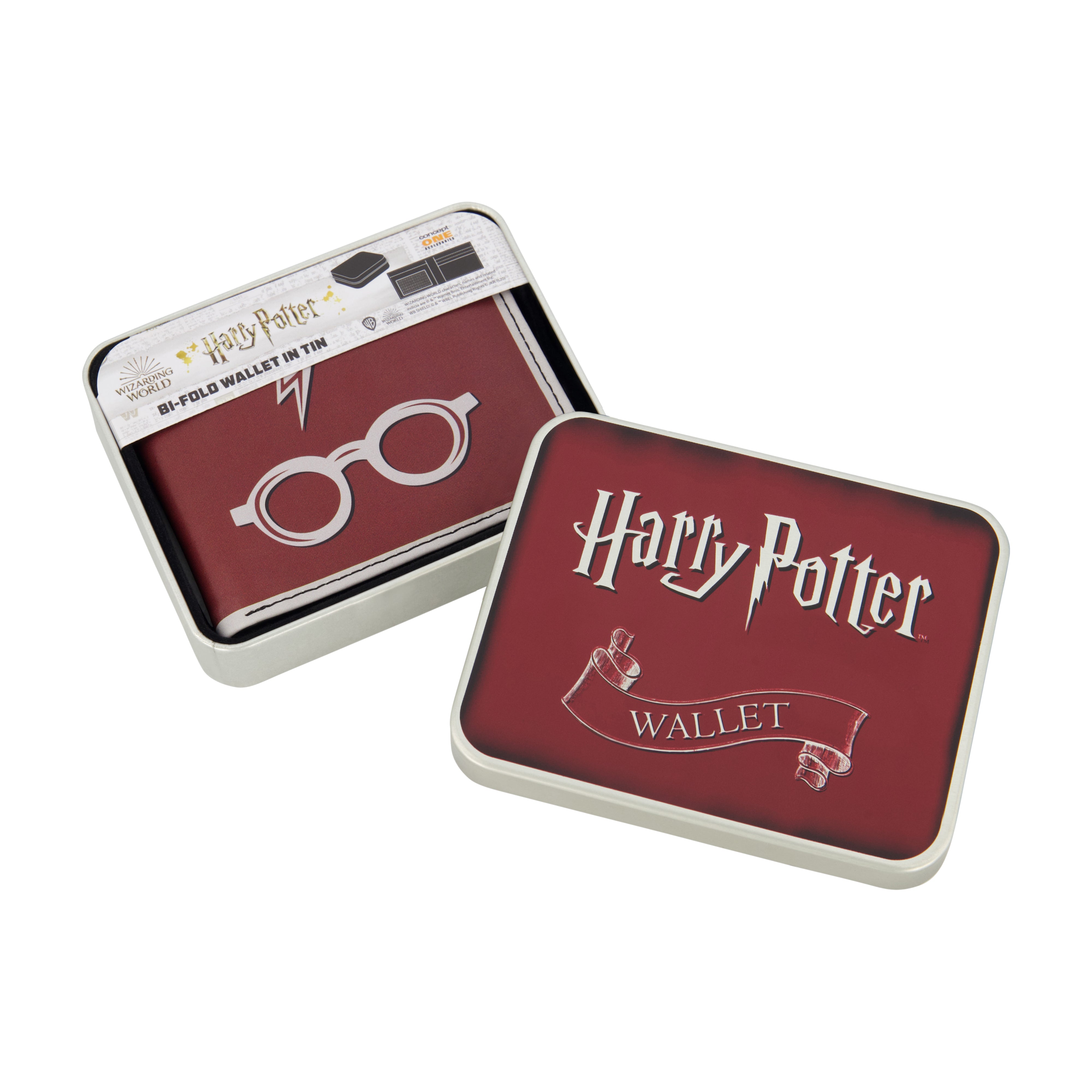 WB HARRY POTTER Lightning Bolt And Glasses in Burgundy Bifold Wallet, Slim Wallet with Decorative Tin Unisex