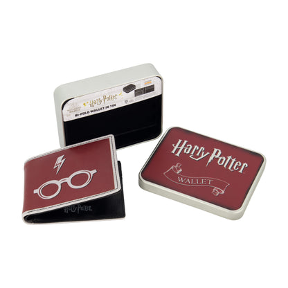 WB HARRY POTTER Lightning Bolt And Glasses in Burgundy Bifold Wallet, Slim Wallet with Decorative Tin Unisex