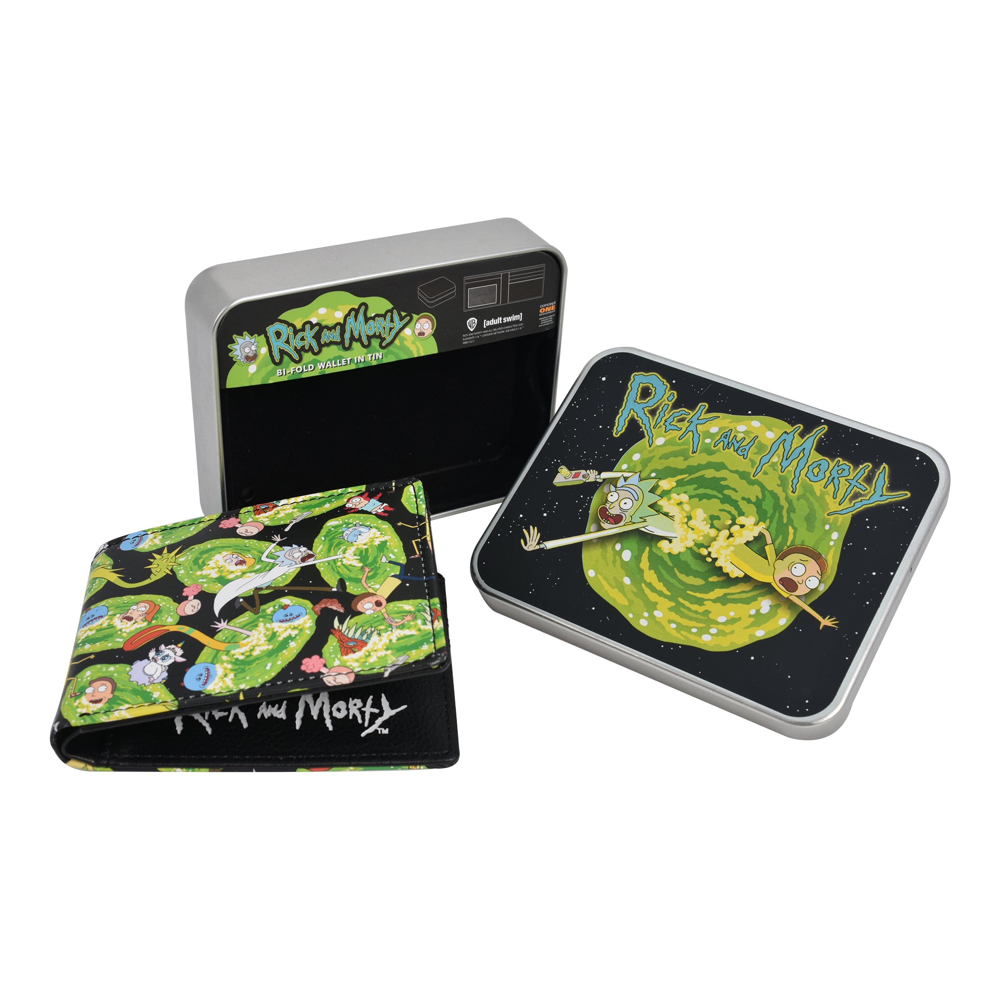 WB Adult Swim Rick And Morty AOP Bifold Wallet in a Decorative Tin Case Multi ,Unisex