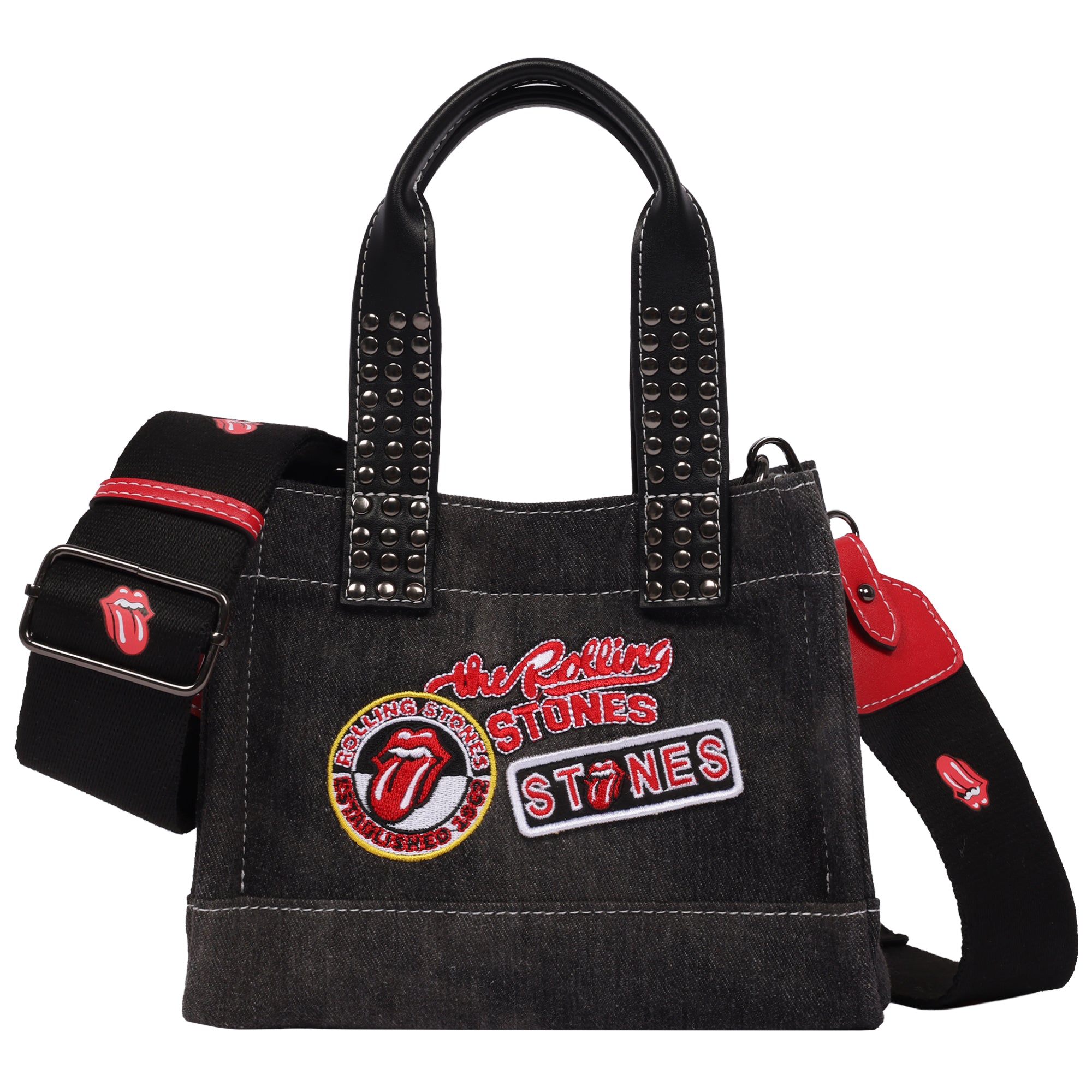 The Rolling Stones Black Denim Patch Mini Tote – Studded Handles with Adjustable Crossbody Strap
