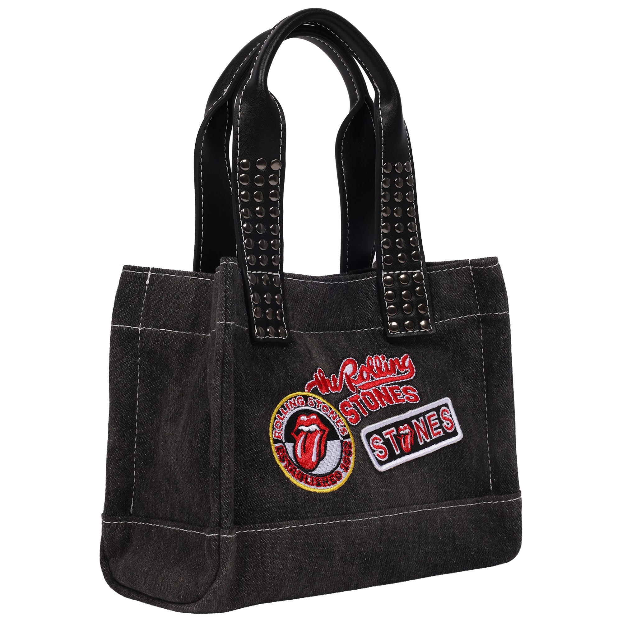The Rolling Stones Black Denim Patch Mini Tote – Studded Handles with Adjustable Crossbody Strap