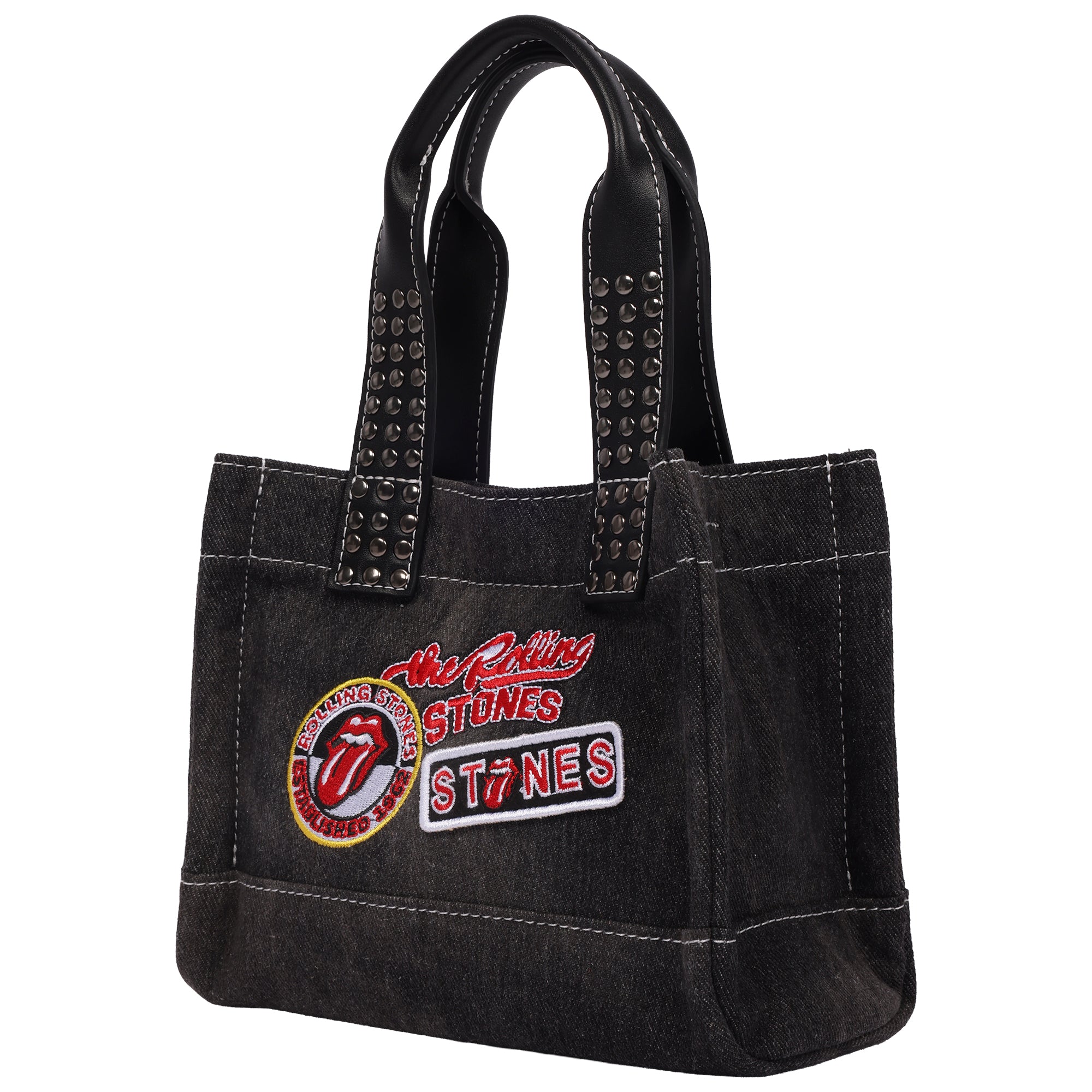 The Rolling Stones Black Denim Patch Mini Tote – Studded Handles with Adjustable Crossbody Strap