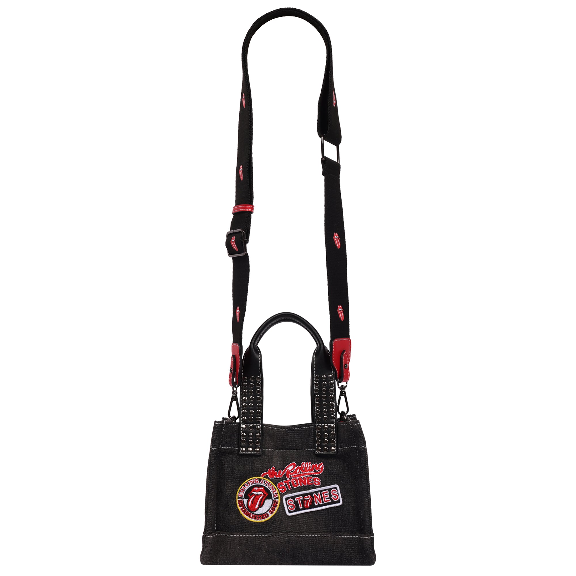 The Rolling Stones Black Denim Patch Mini Tote – Studded Handles with Adjustable Crossbody Strap