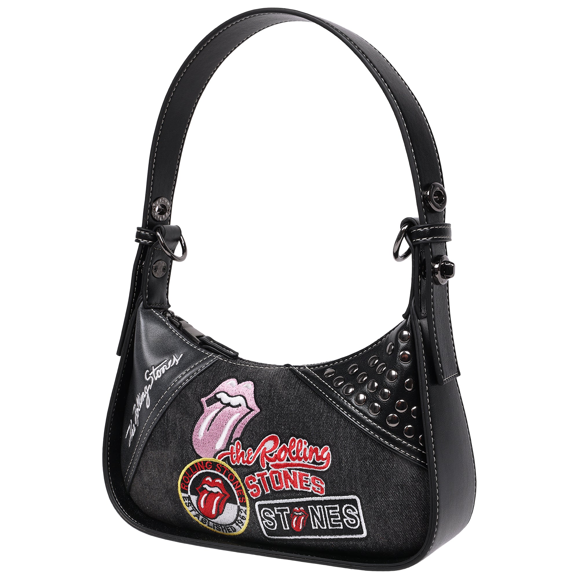 The Rolling Stones Patchwork Black Denim Small Shoulder Bag – Studded Detail, Embroidered Logos & Chain Strap