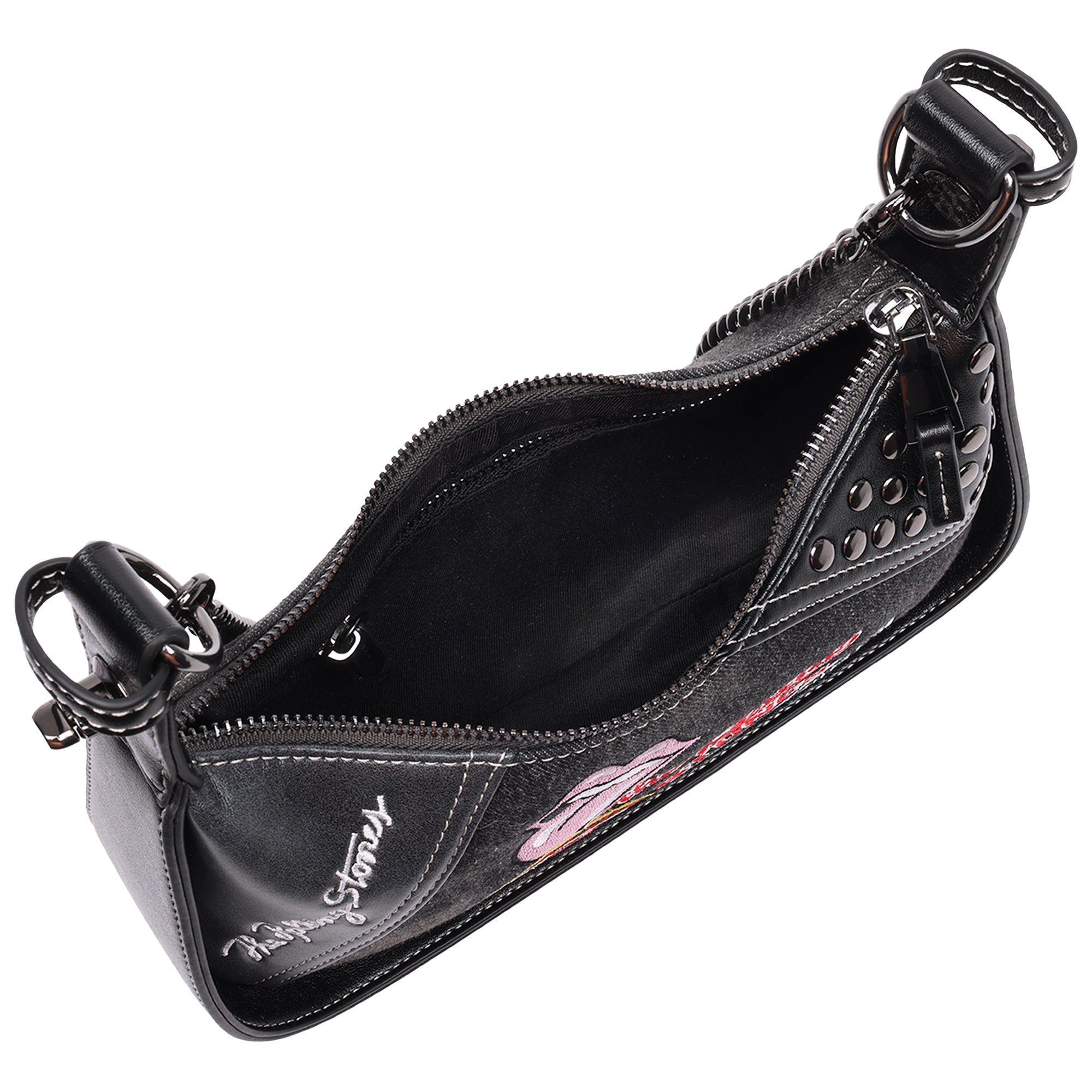 The Rolling Stones Patchwork Black Denim Small Shoulder Bag – Studded Detail, Embroidered Logos & Chain Strap