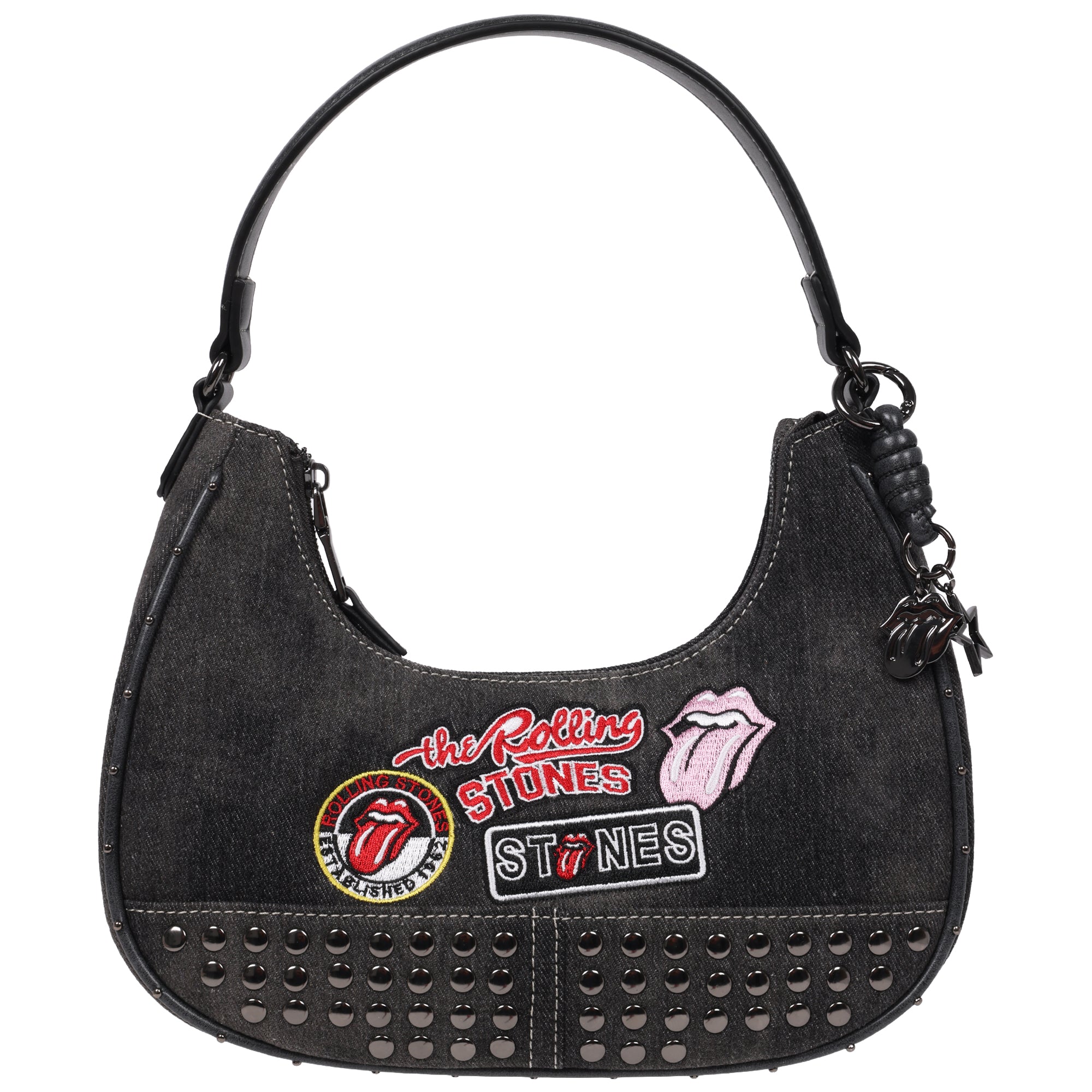 The Rolling Stones Patch Black Denim Small Hobo Bag – Studded Trim, Embroidered Tongue Logo & Charm Detail