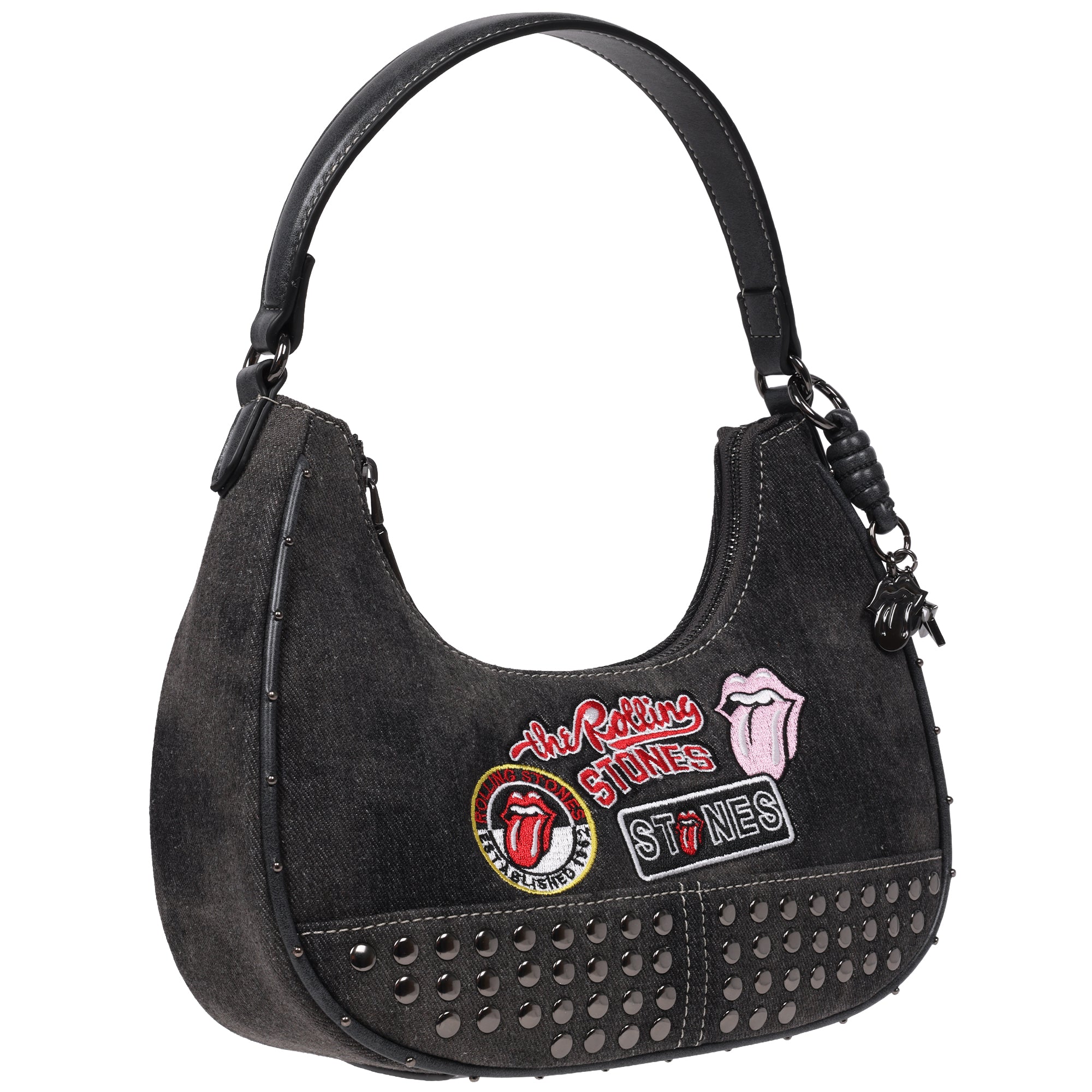 The Rolling Stones Patch Black Denim Small Hobo Bag – Studded Trim, Embroidered Tongue Logo & Charm Detail