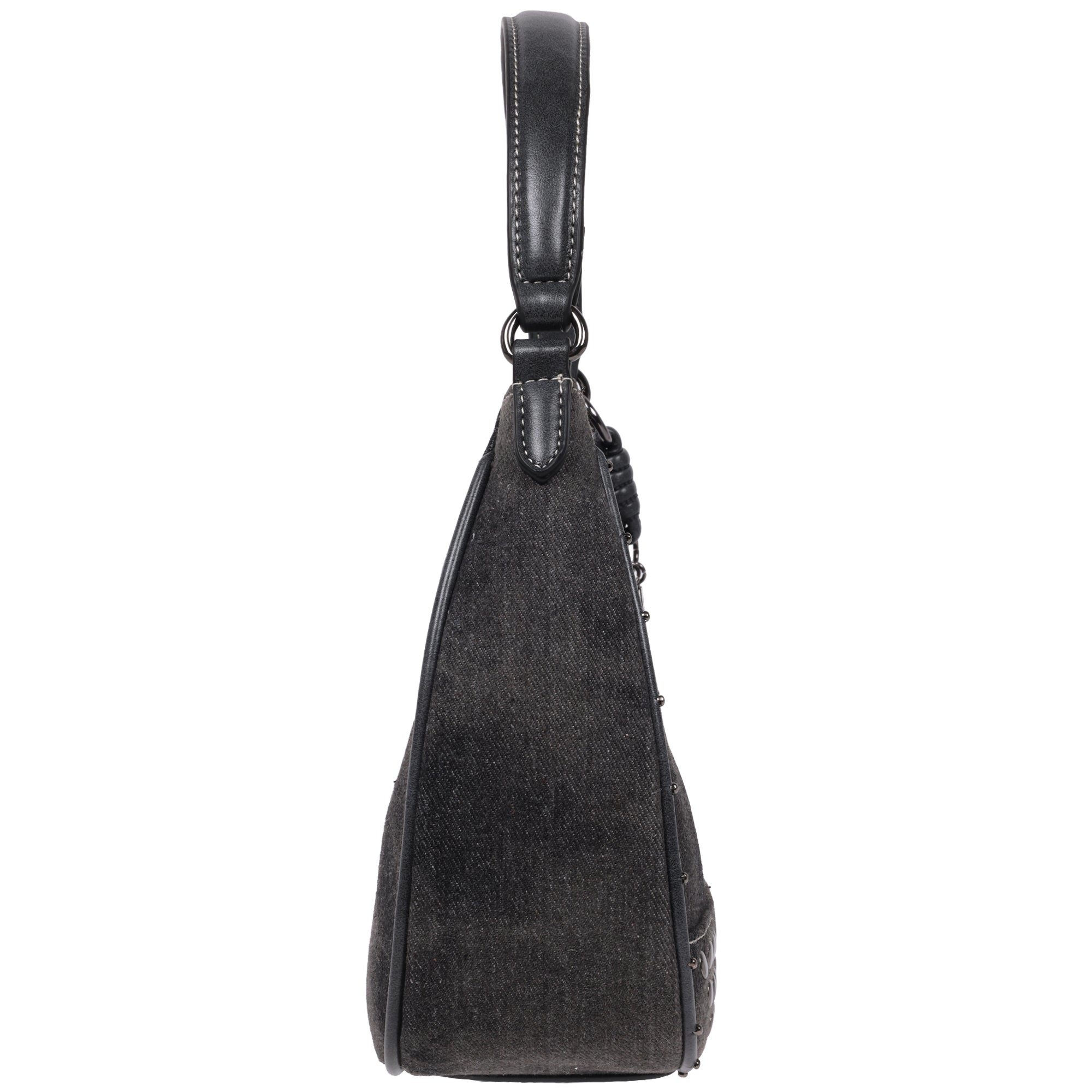 The Rolling Stones Patch Black Denim Small Hobo Bag – Studded Trim, Embroidered Tongue Logo & Charm Detail