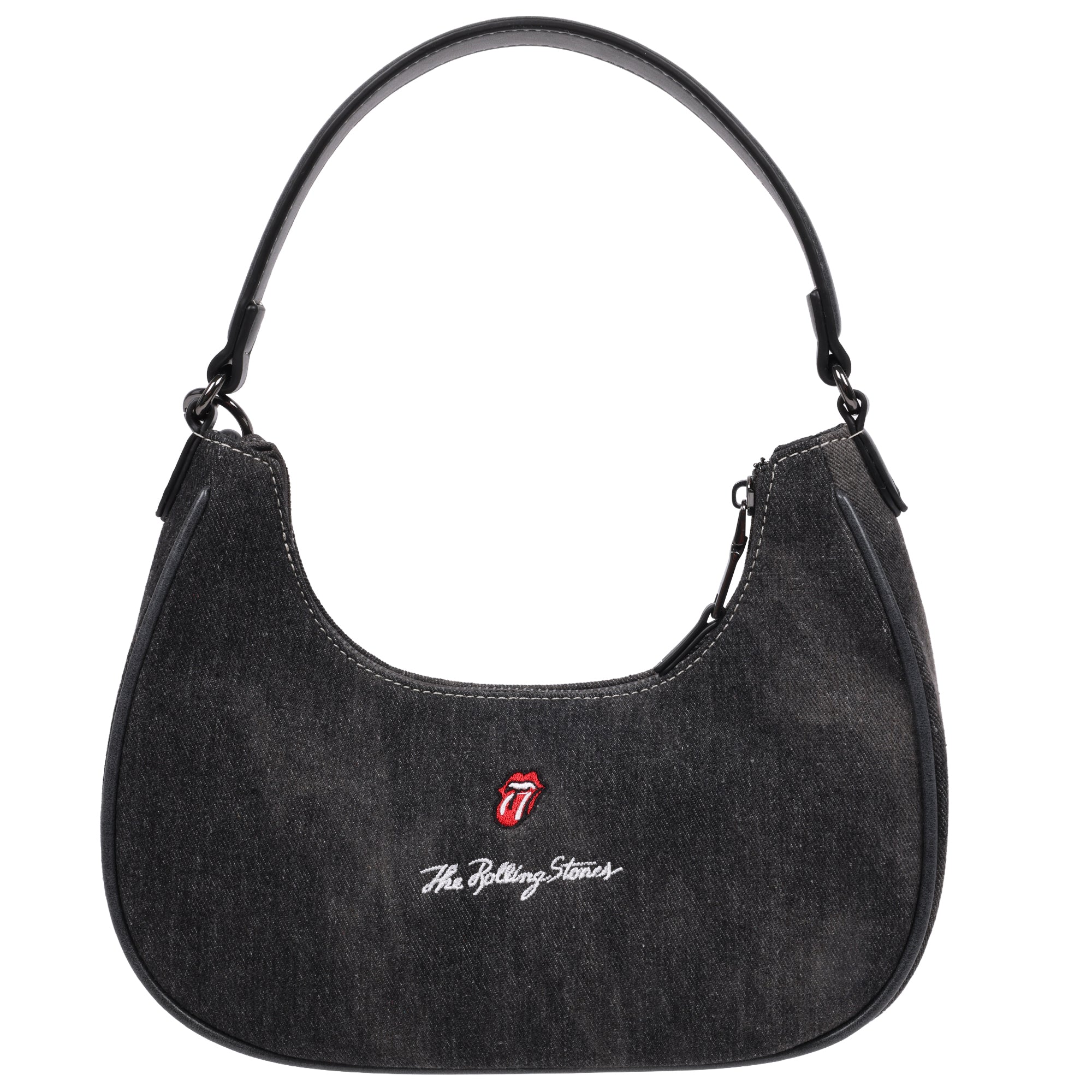 The Rolling Stones Patch Black Denim Small Hobo Bag – Studded Trim, Embroidered Tongue Logo & Charm Detail