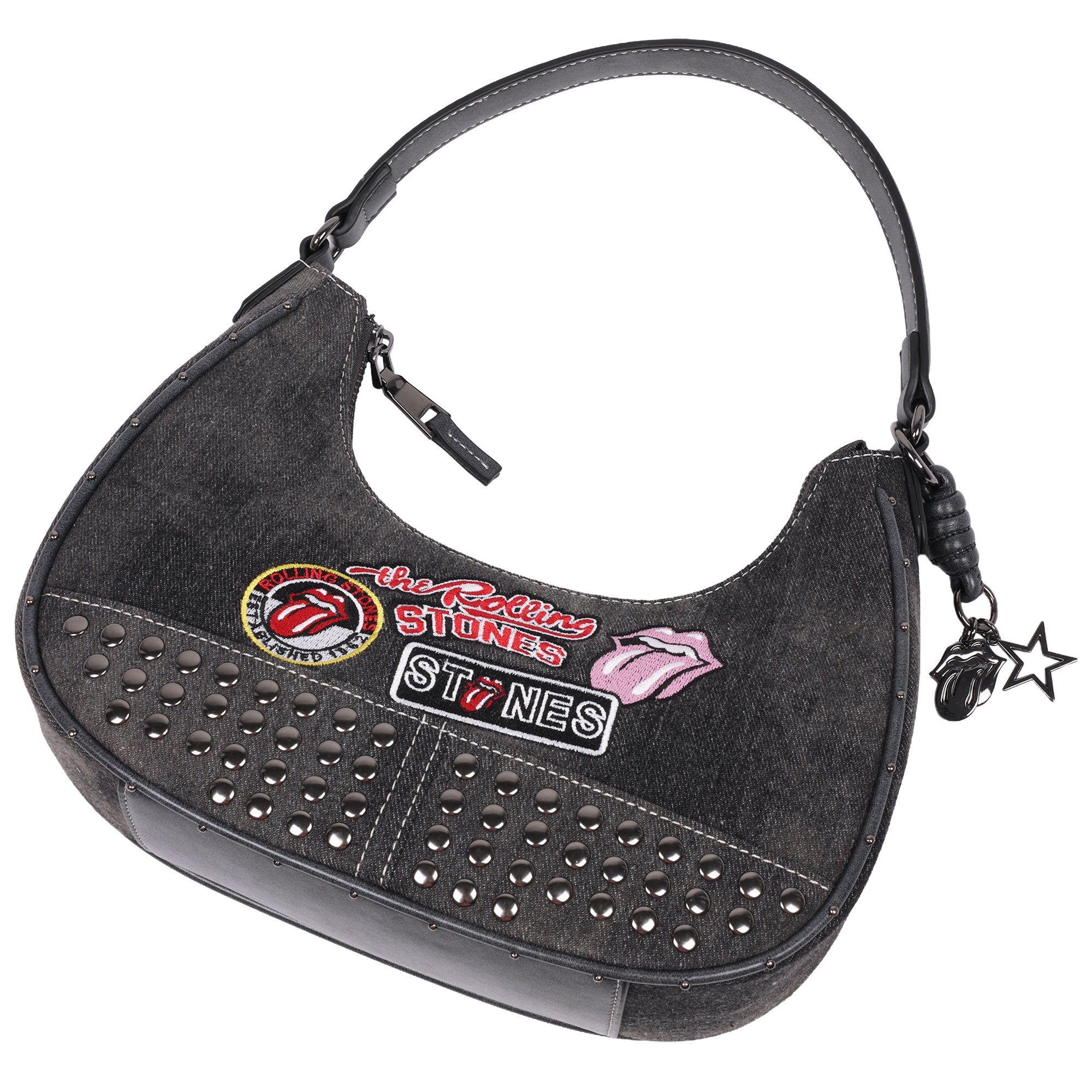 The Rolling Stones Patch Black Denim Small Hobo Bag – Studded Trim, Embroidered Tongue Logo & Charm Detail