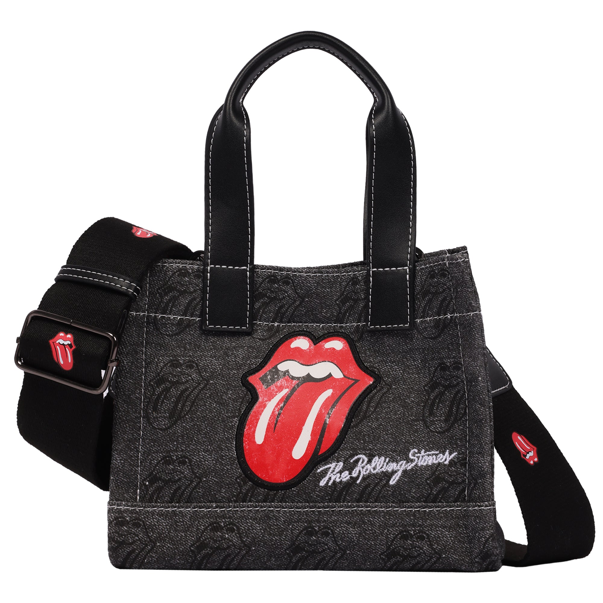 The Rolling Stones Black Denim Mini Tote Bag – Tongue Logo Patch, All-Over Print & Adjustable Crossbody Strap