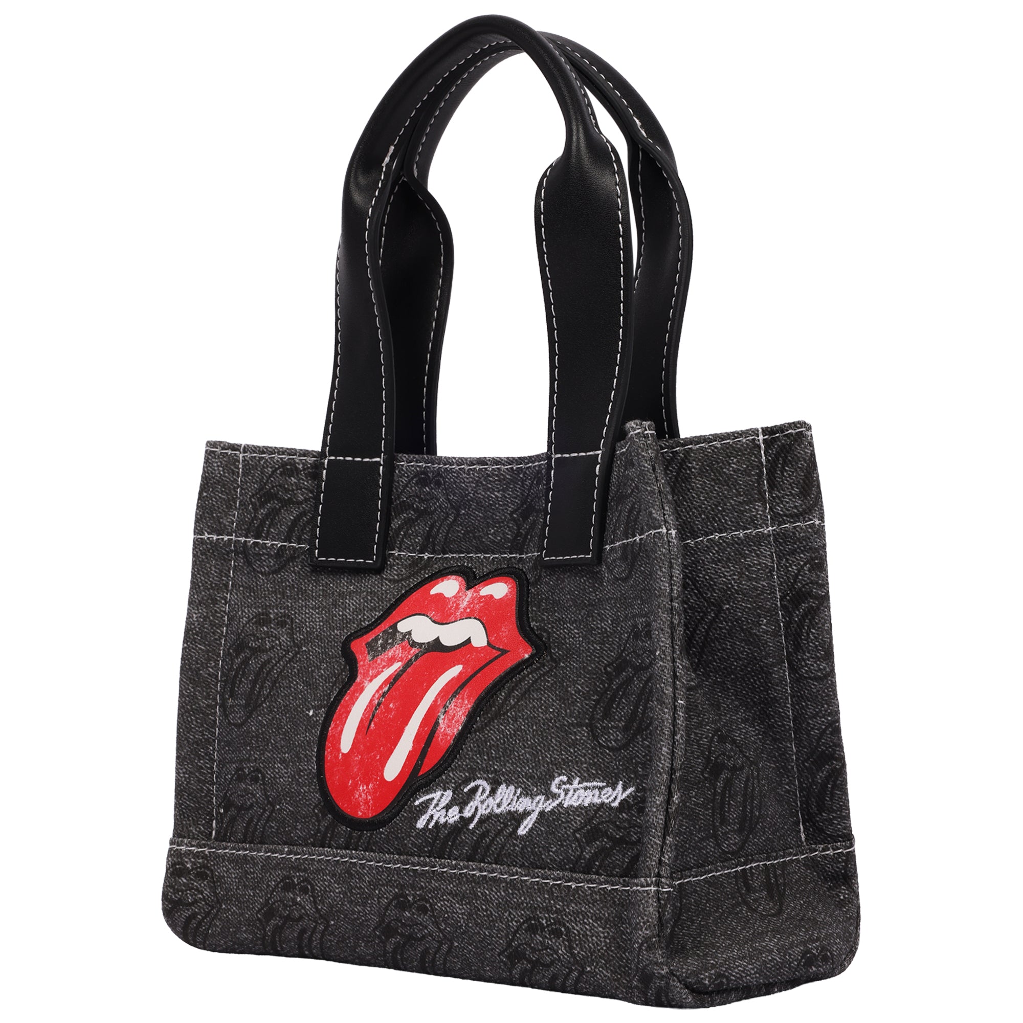 The Rolling Stones Black Denim Mini Tote Bag – Tongue Logo Patch, All-Over Print & Adjustable Crossbody Strap