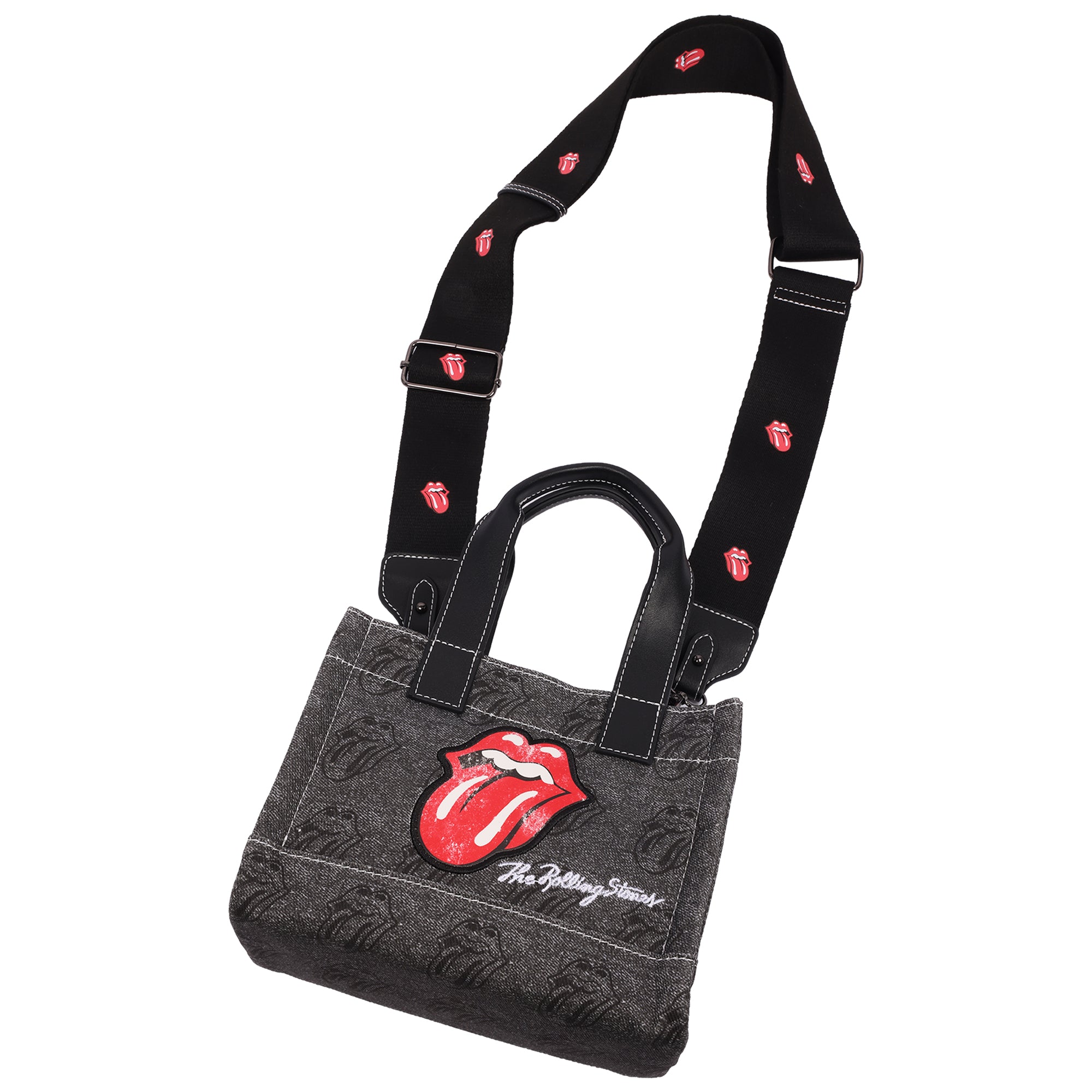 The Rolling Stones Black Denim Mini Tote Bag – Tongue Logo Patch, All-Over Print & Adjustable Crossbody Strap