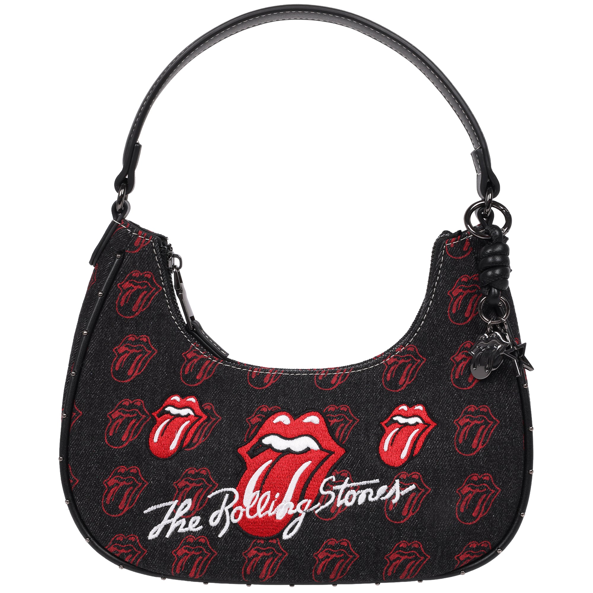 The Rolling Stones All-Over Tongue Logo Black Denim Small Hobo Bag – Embroidered Graphic, Studded Trim & Charm Detail