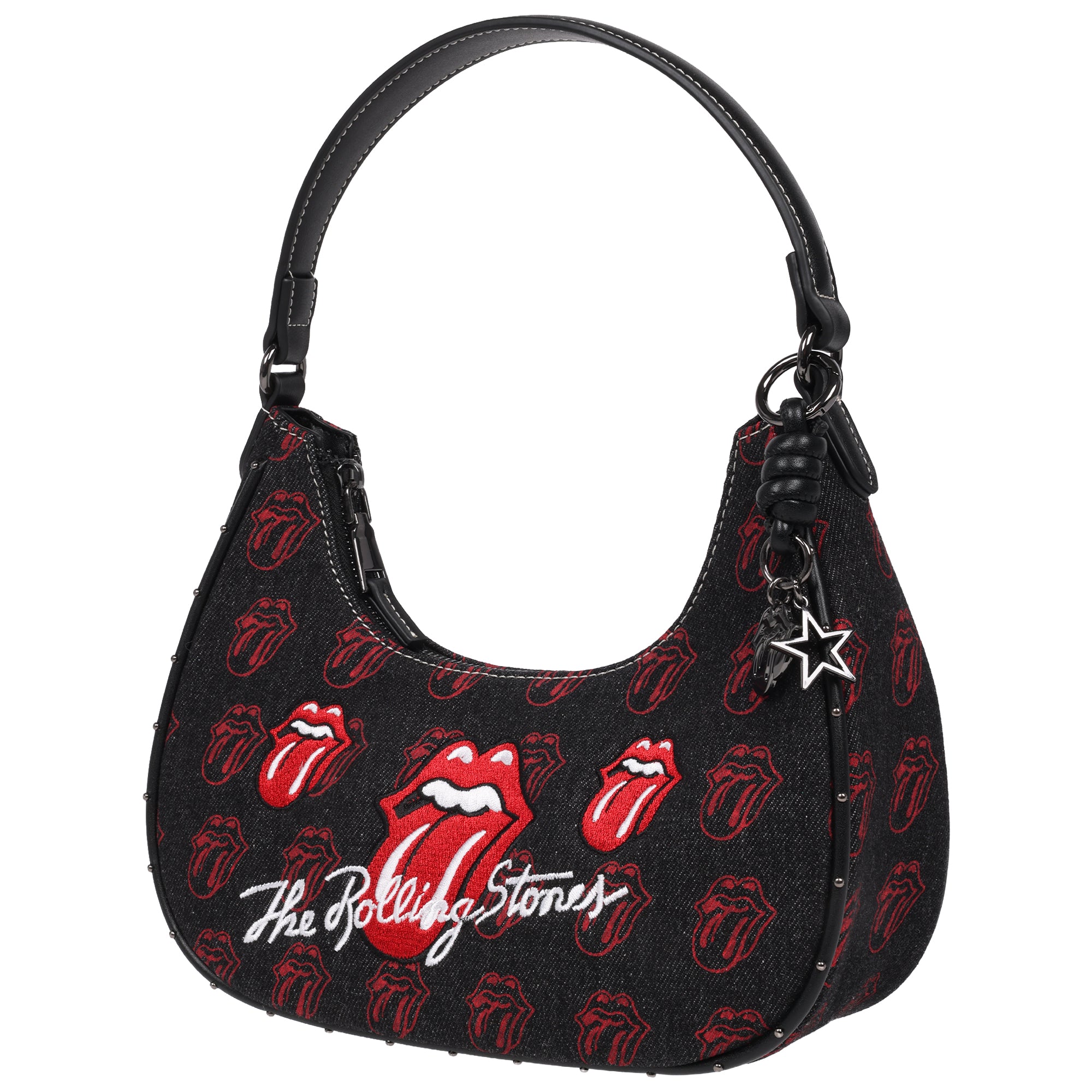 The Rolling Stones All-Over Tongue Logo Black Denim Small Hobo Bag – Embroidered Graphic, Studded Trim & Charm Detail