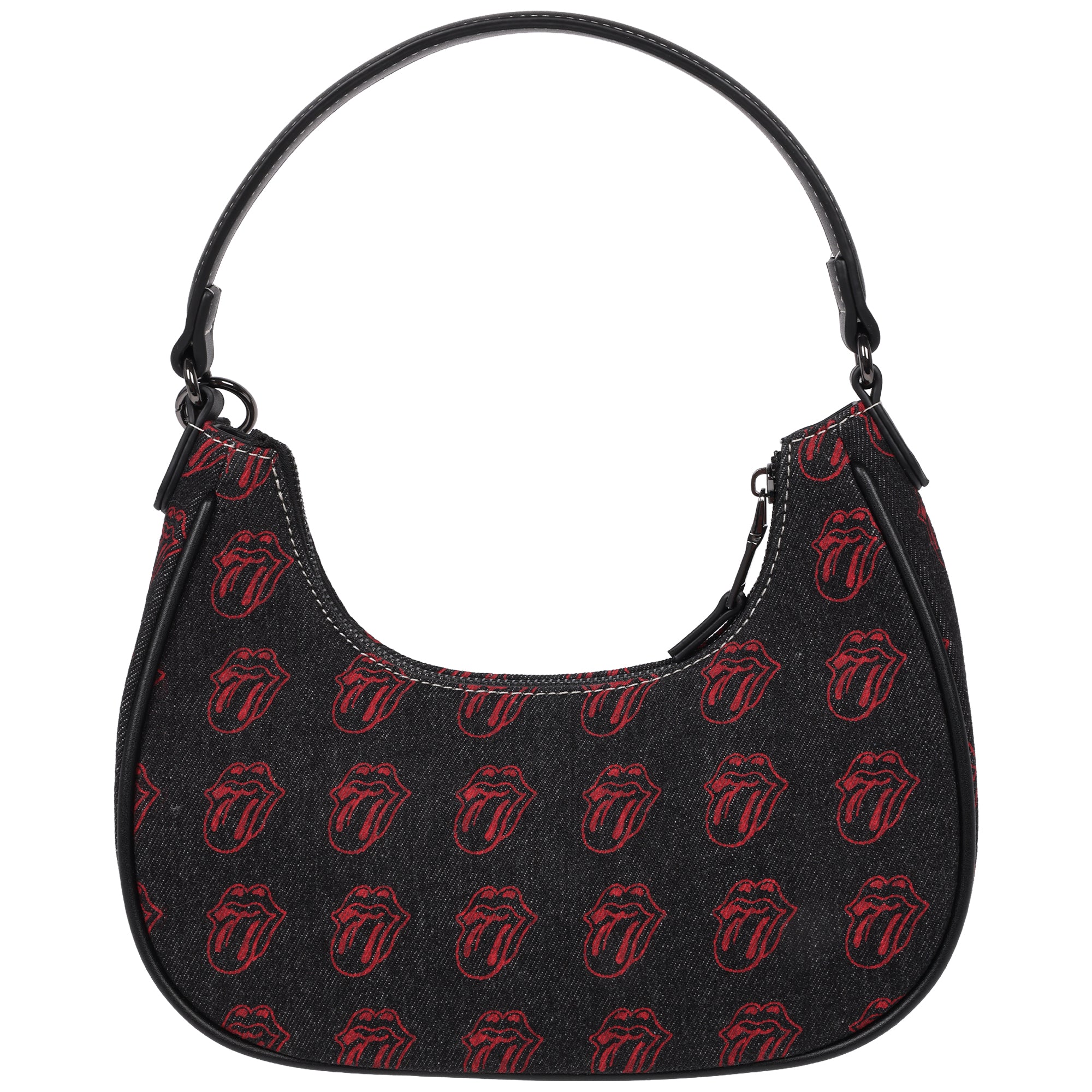 The Rolling Stones All-Over Tongue Logo Black Denim Small Hobo Bag – Embroidered Graphic, Studded Trim & Charm Detail