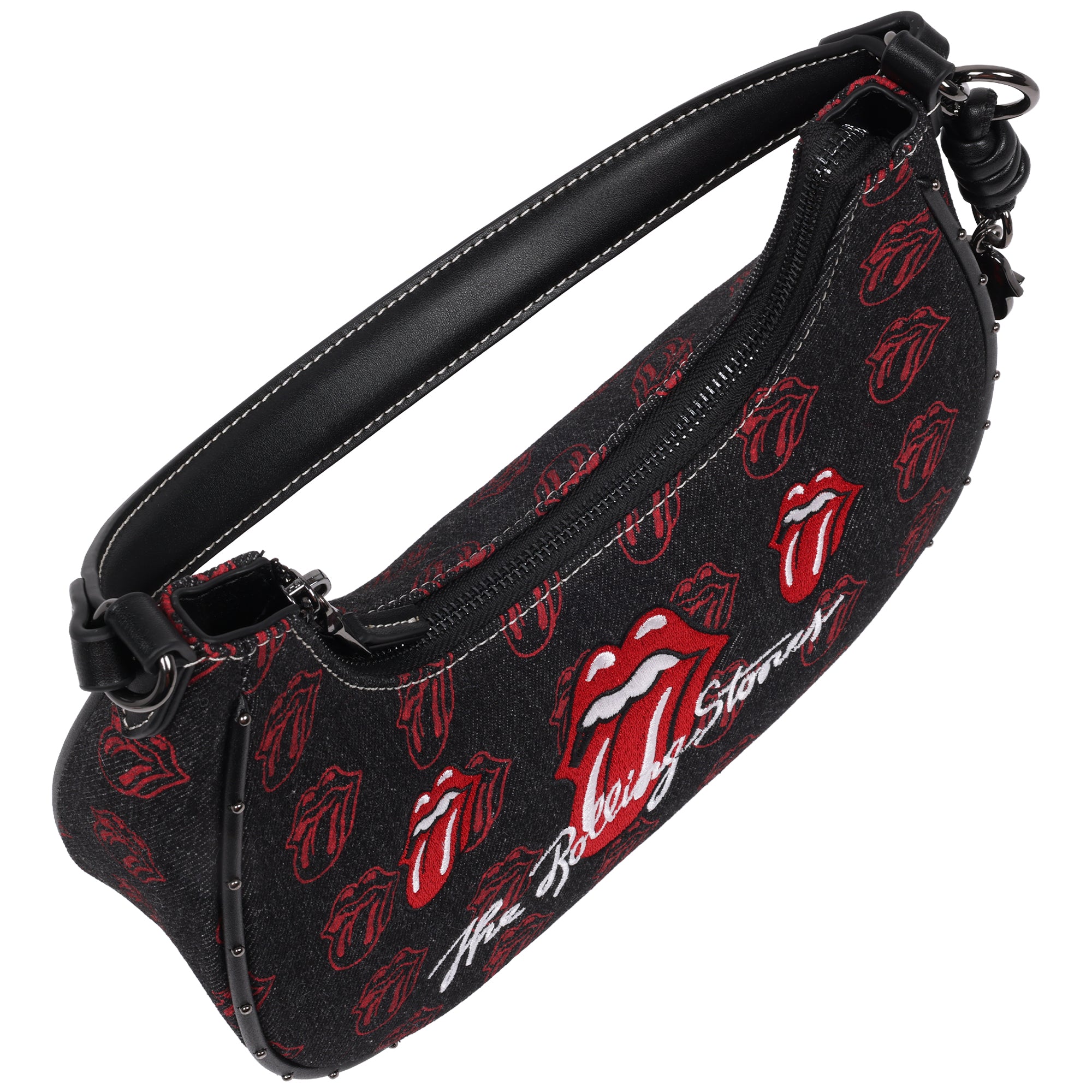 The Rolling Stones All-Over Tongue Logo Black Denim Small Hobo Bag – Embroidered Graphic, Studded Trim & Charm Detail